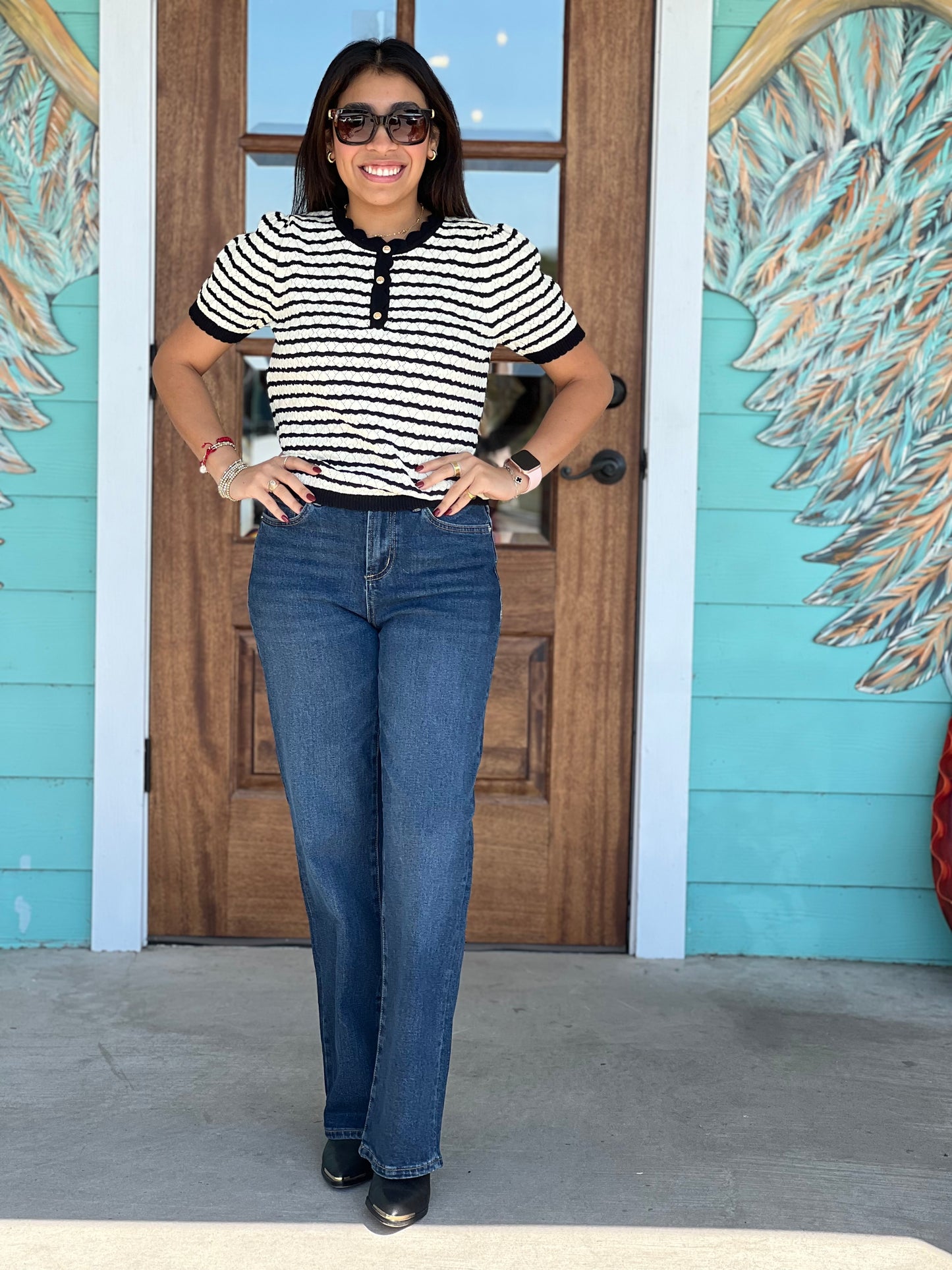 Black Stripe Pointelle Knit Top