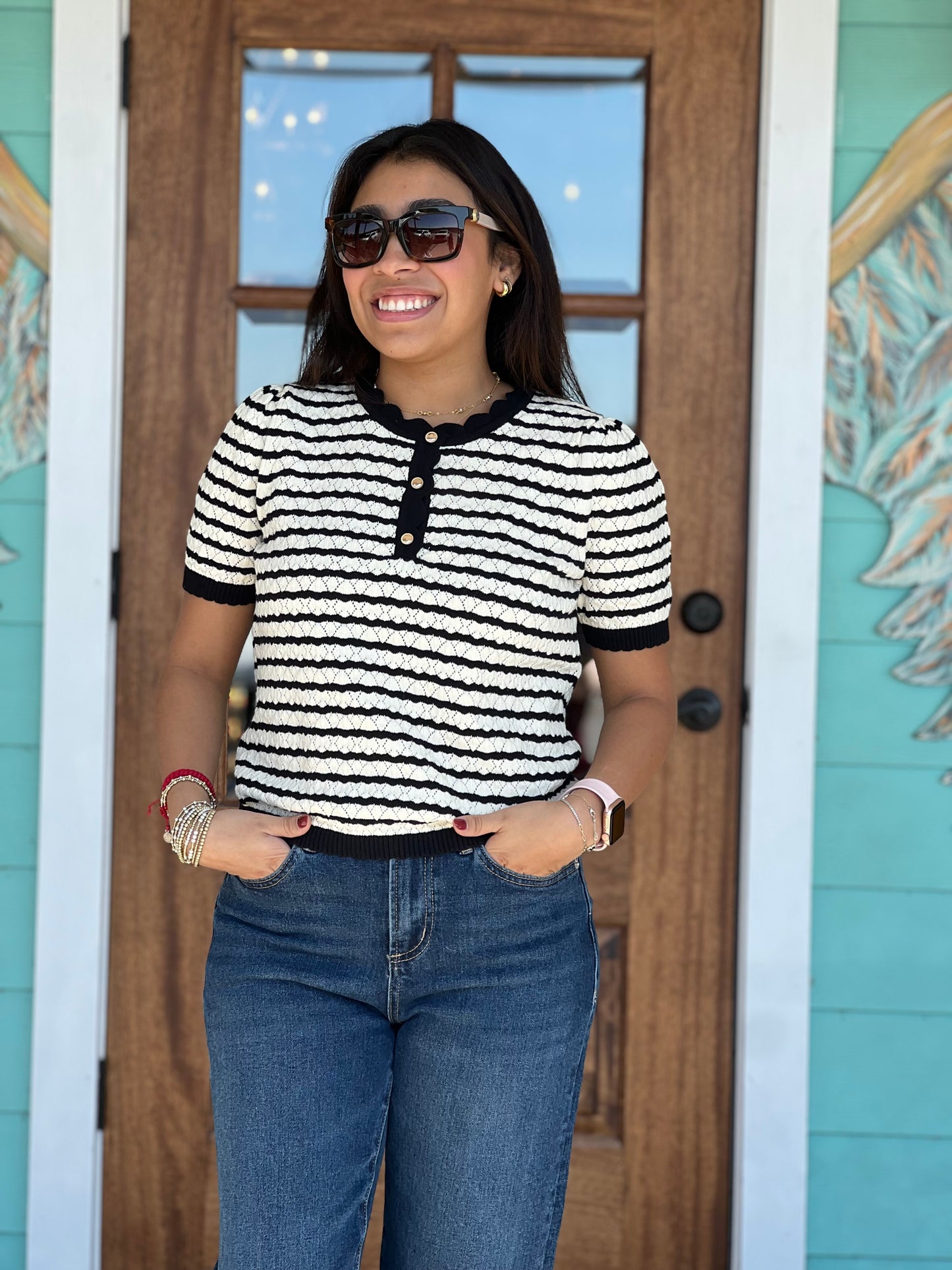 Black Stripe Pointelle Knit Top