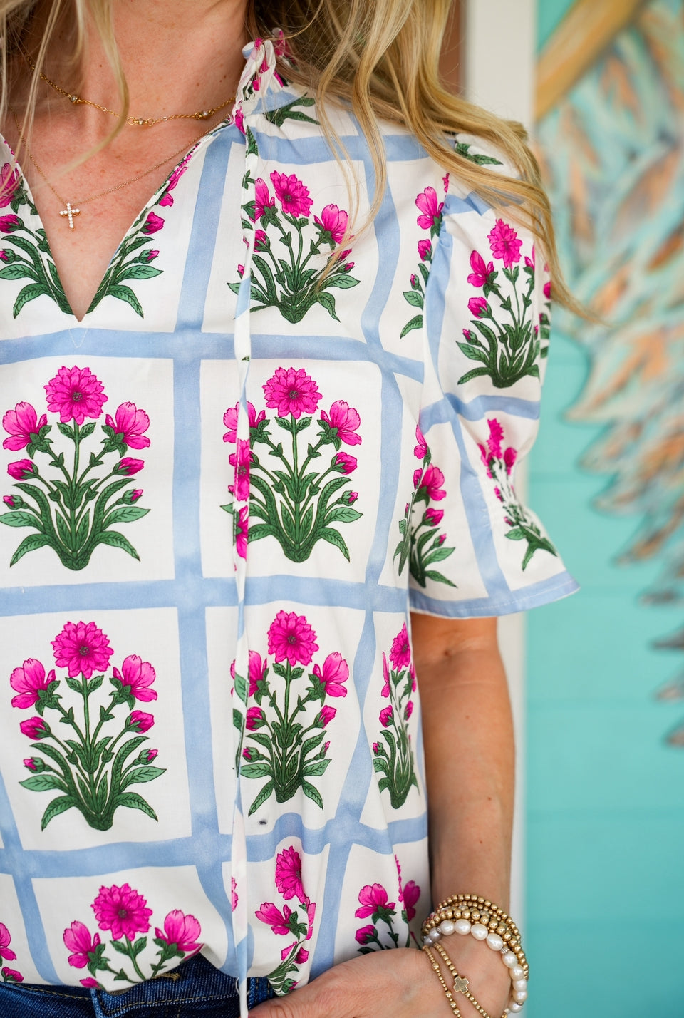 Magenta & Blue Floral Block Print Top