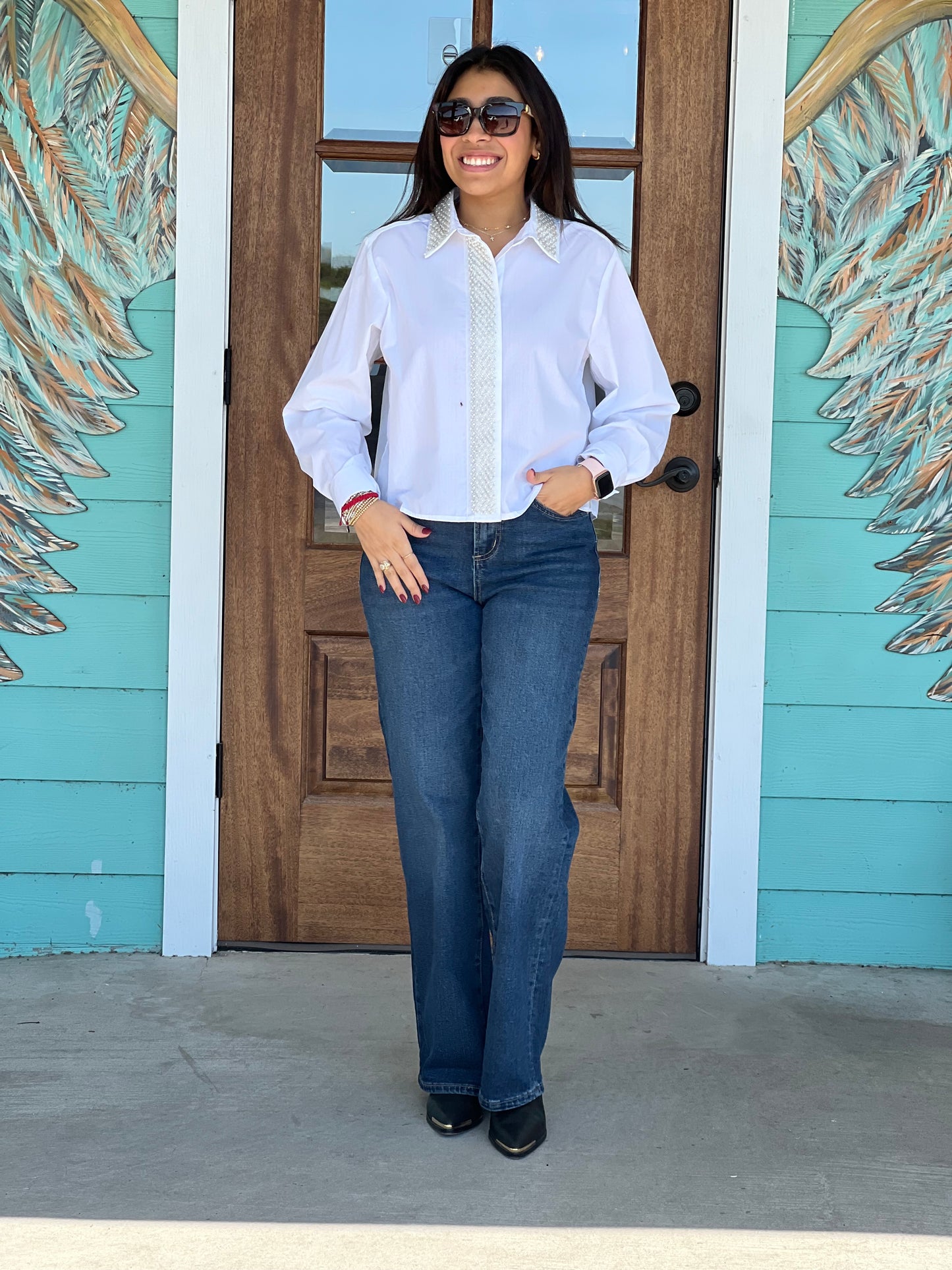 White Pearl Detail Button Down Shirt