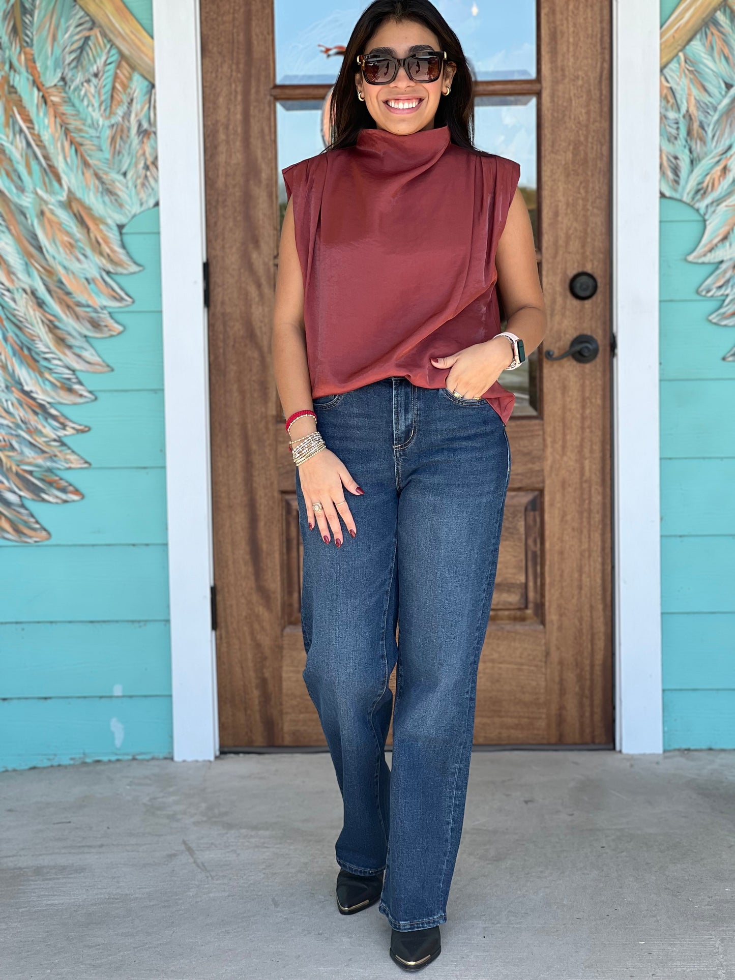 Rust Shimmer Cowl Neck Top