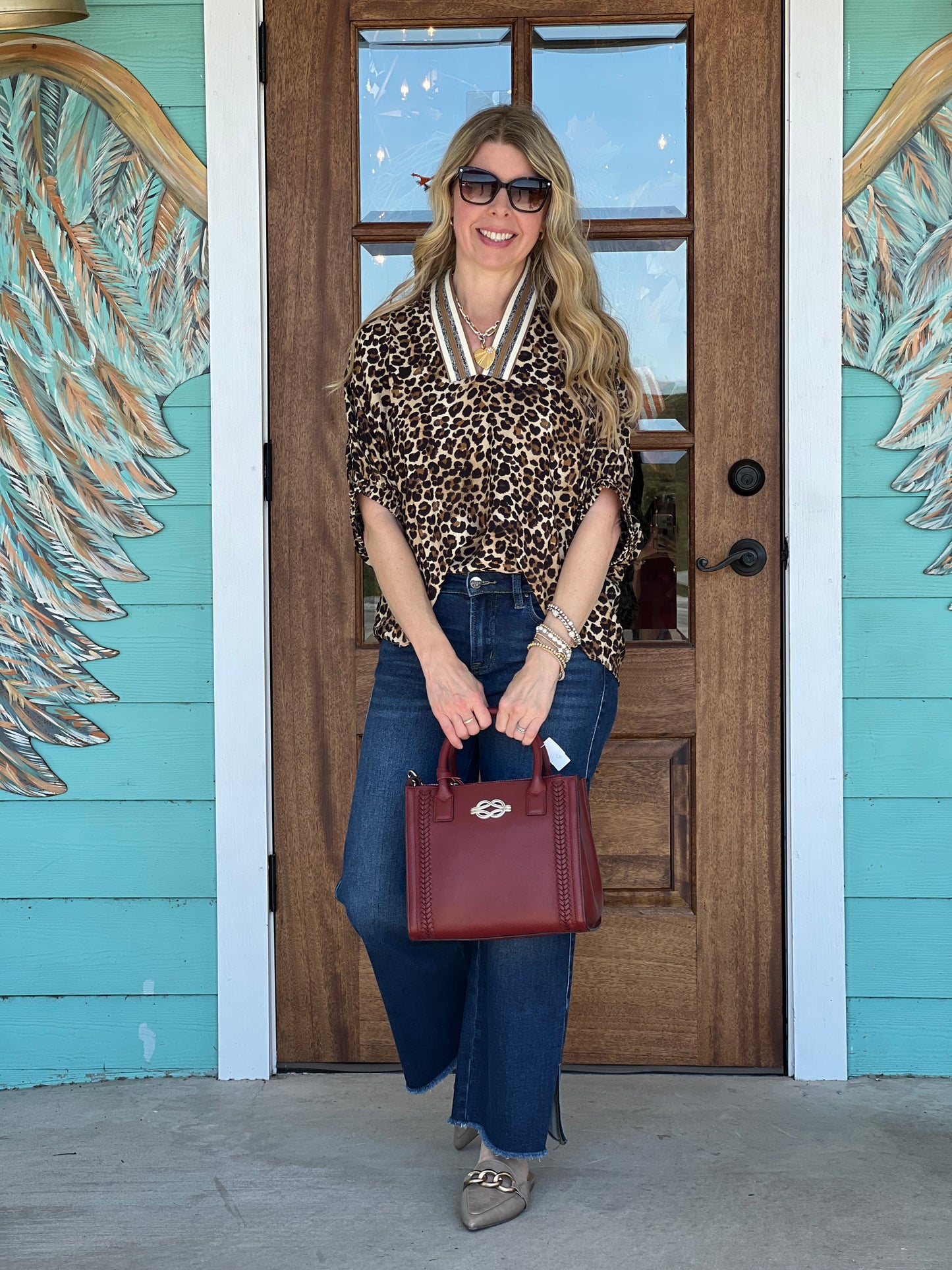 Leopard Print Stripe Collar Top