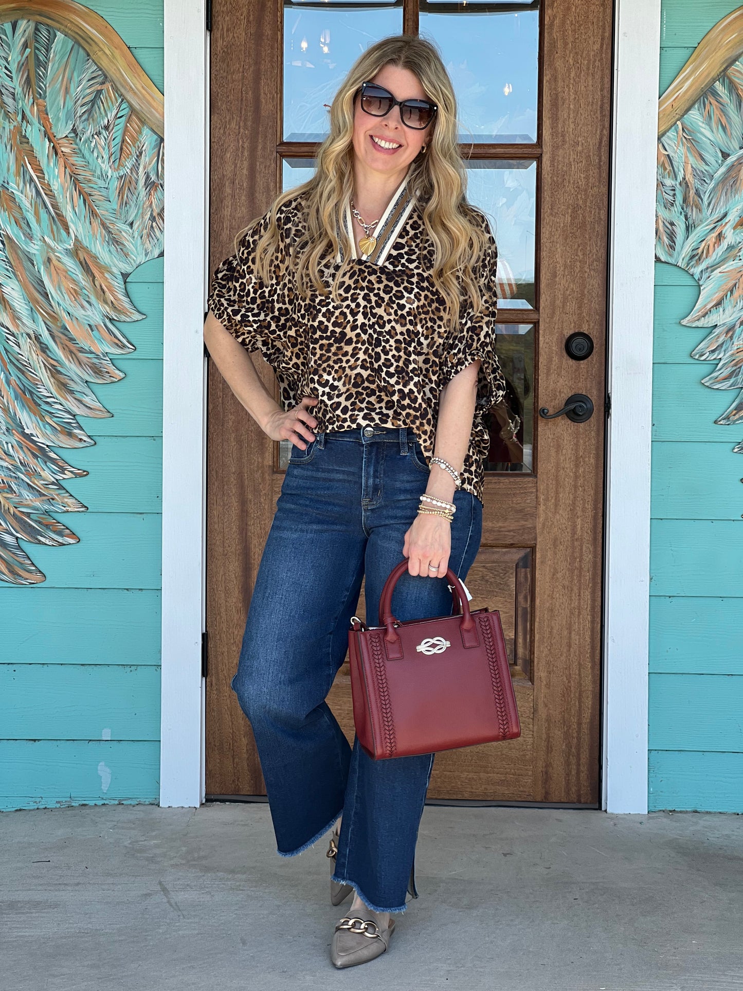 Leopard Print Stripe Collar Top