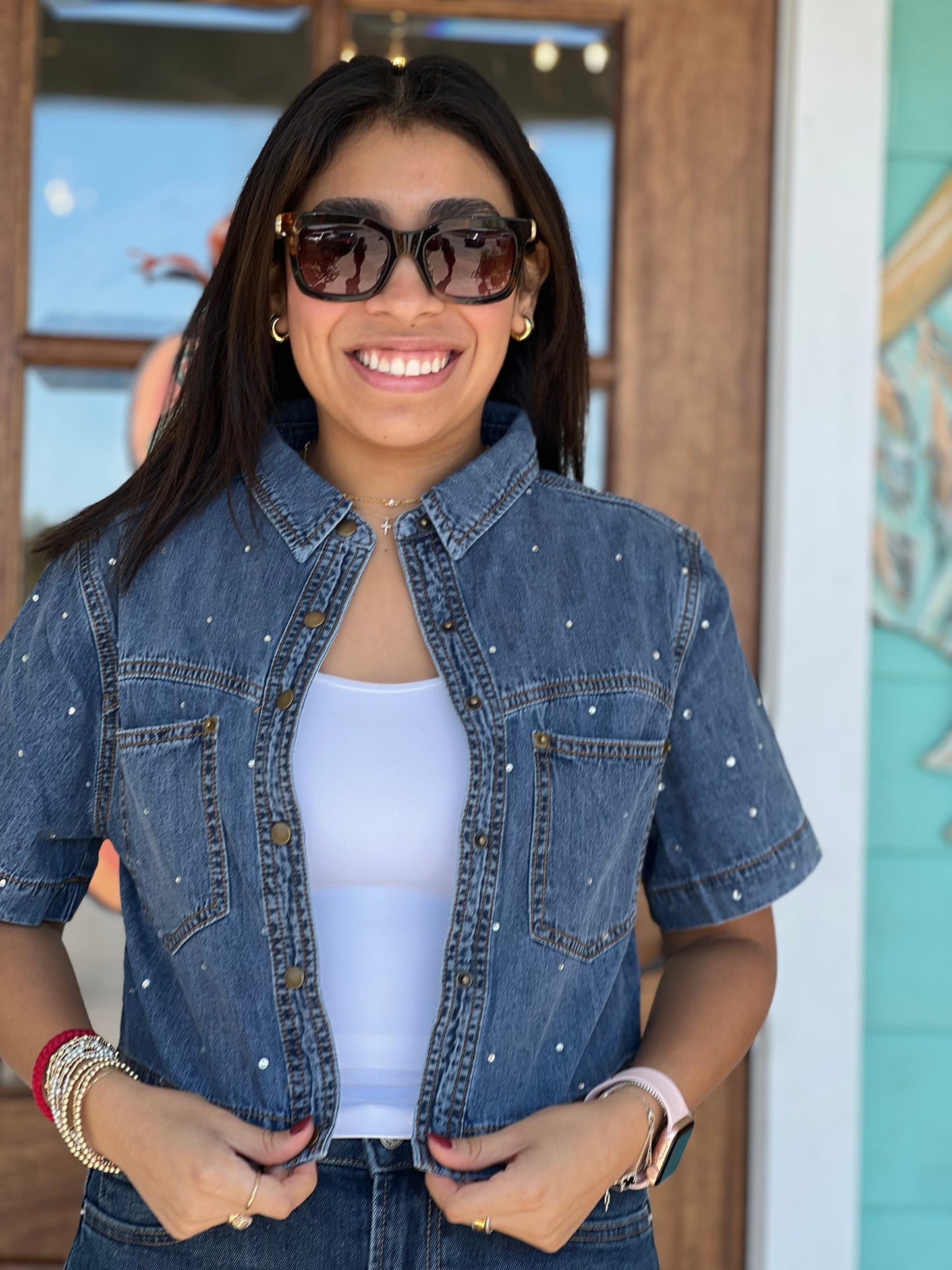 Denim Rhinestone Embellished Button Top