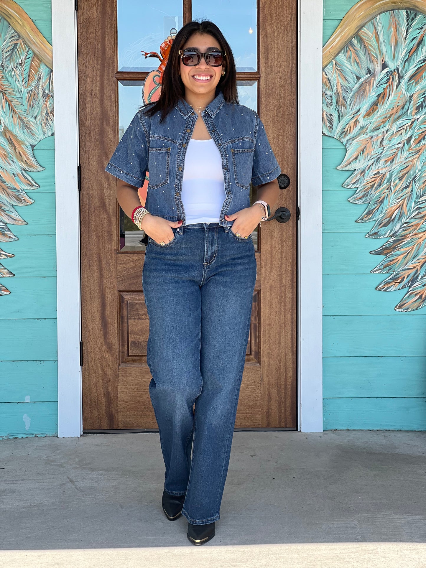 Denim Rhinestone Embellished Button Top