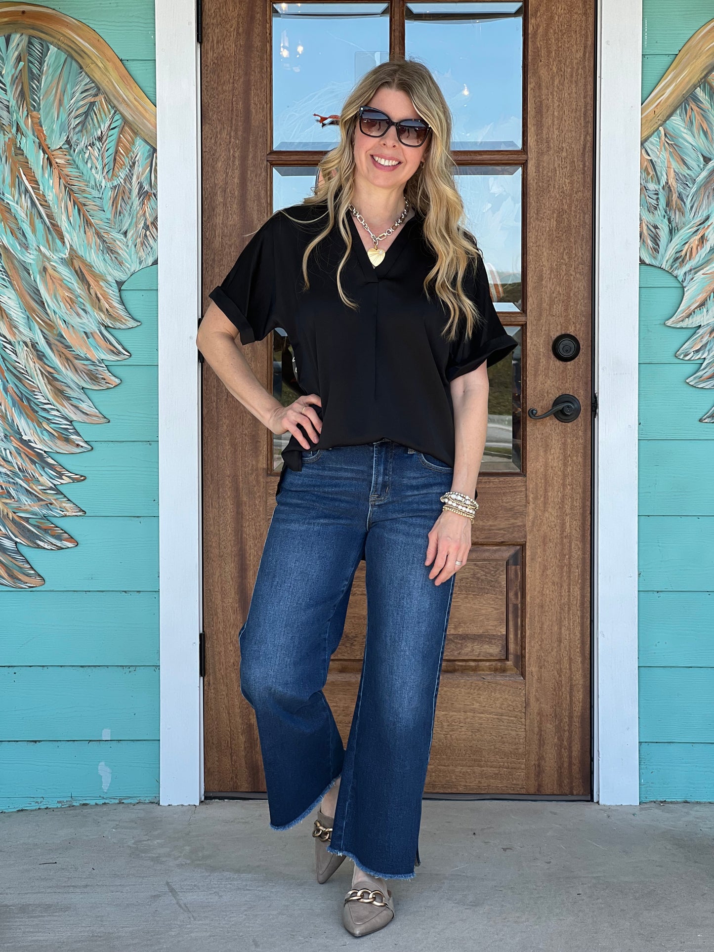 Black V-Neck Placket Top