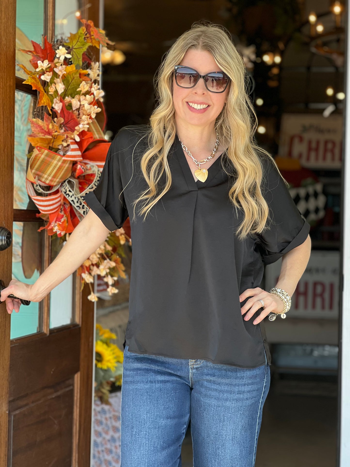 Black V-Neck Placket Top