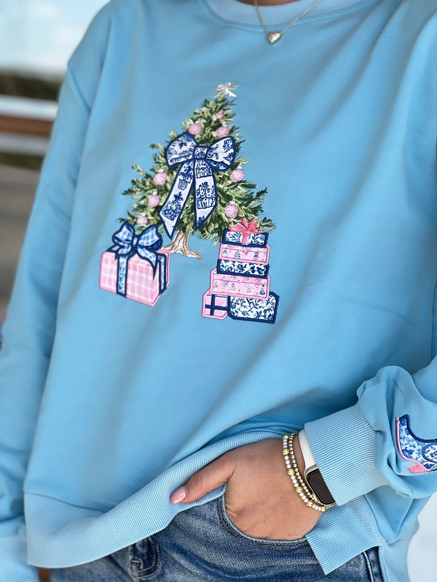 Layerz Blue Embroidered Tree Sweatshirt