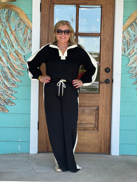 Wide Leg Color Block Black Pant