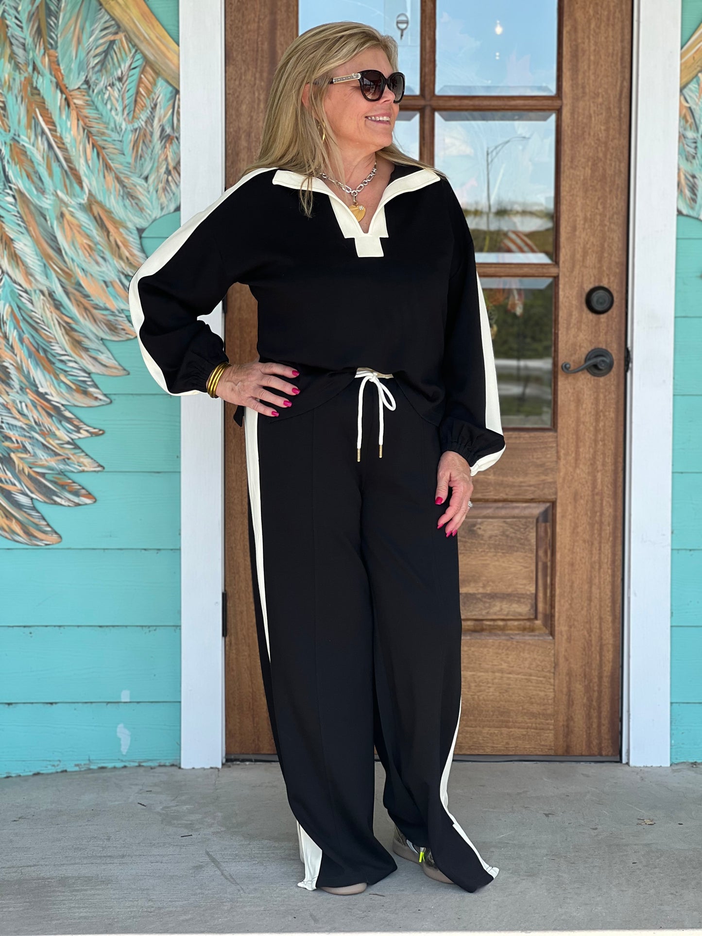 Wide Leg Color Block Black Pant