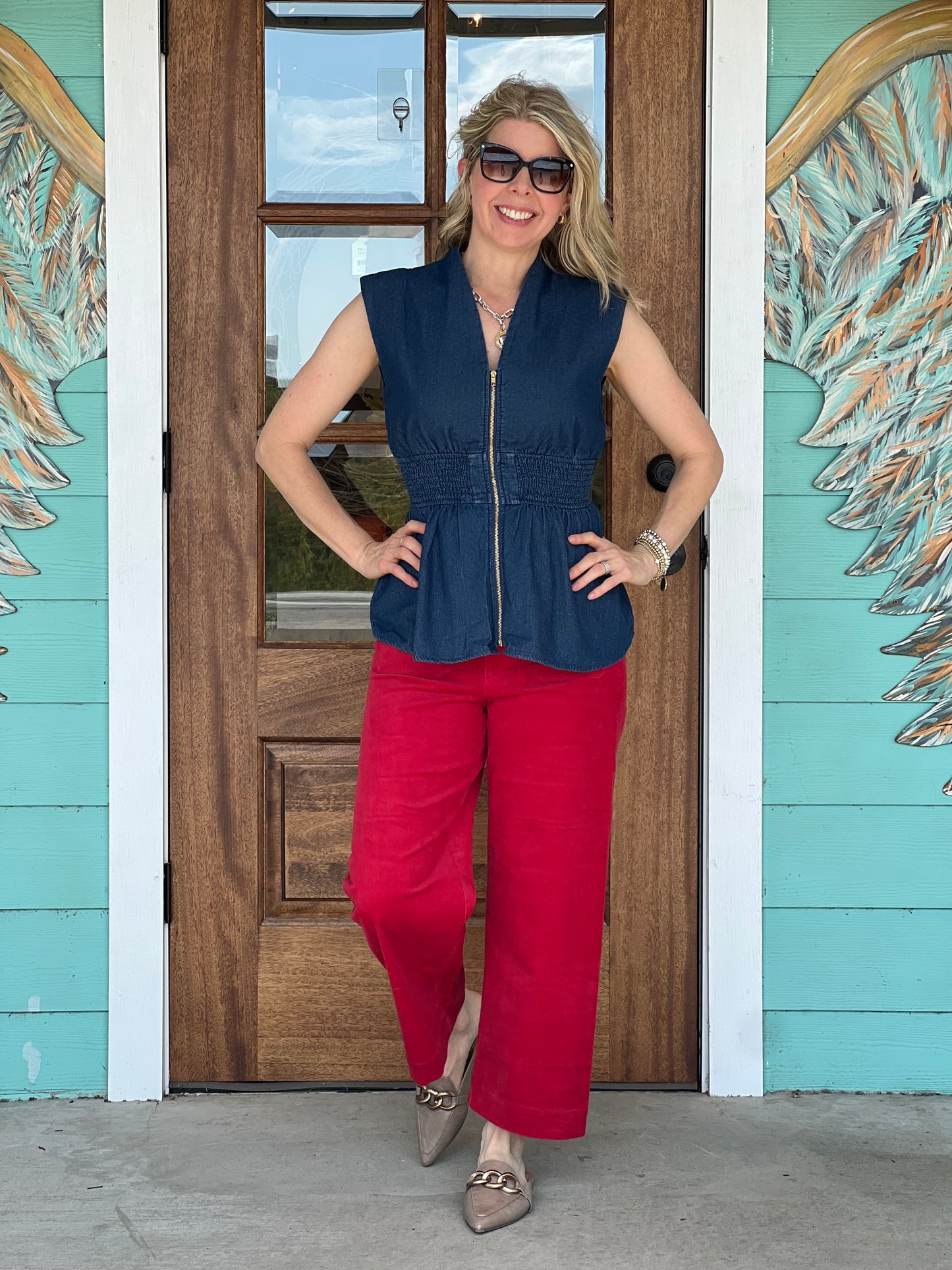 Denim Zip Front Peplum Top