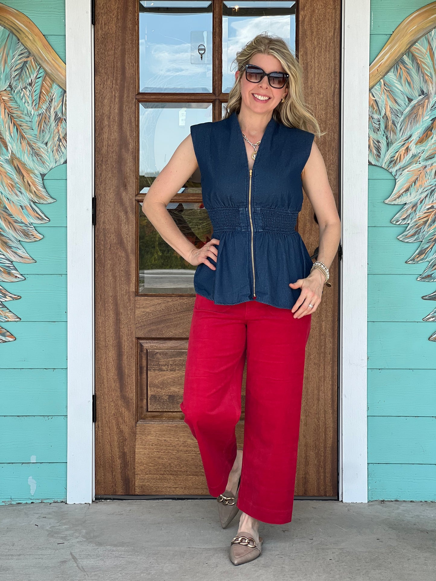 Denim Zip Front Peplum Top