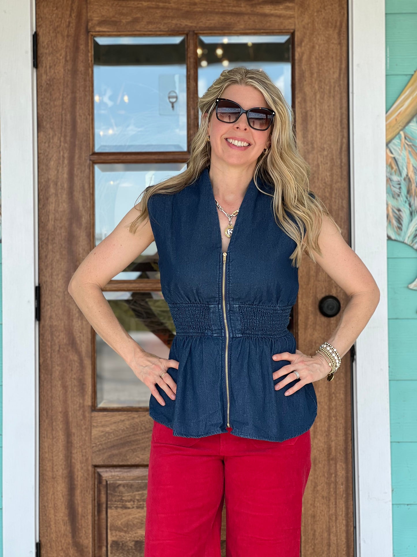 Denim Zip Front Peplum Top