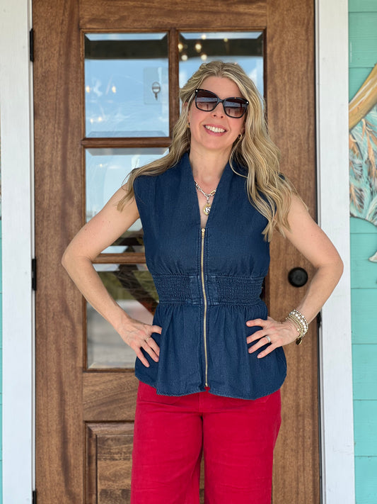 Denim Zip Front Peplum Top