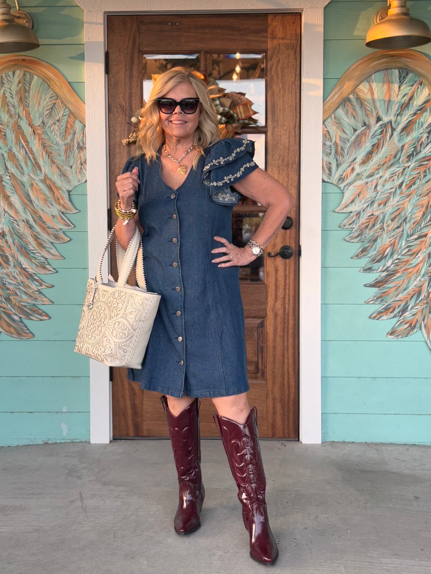 Layerz Caylee Denim Embroidered Dress