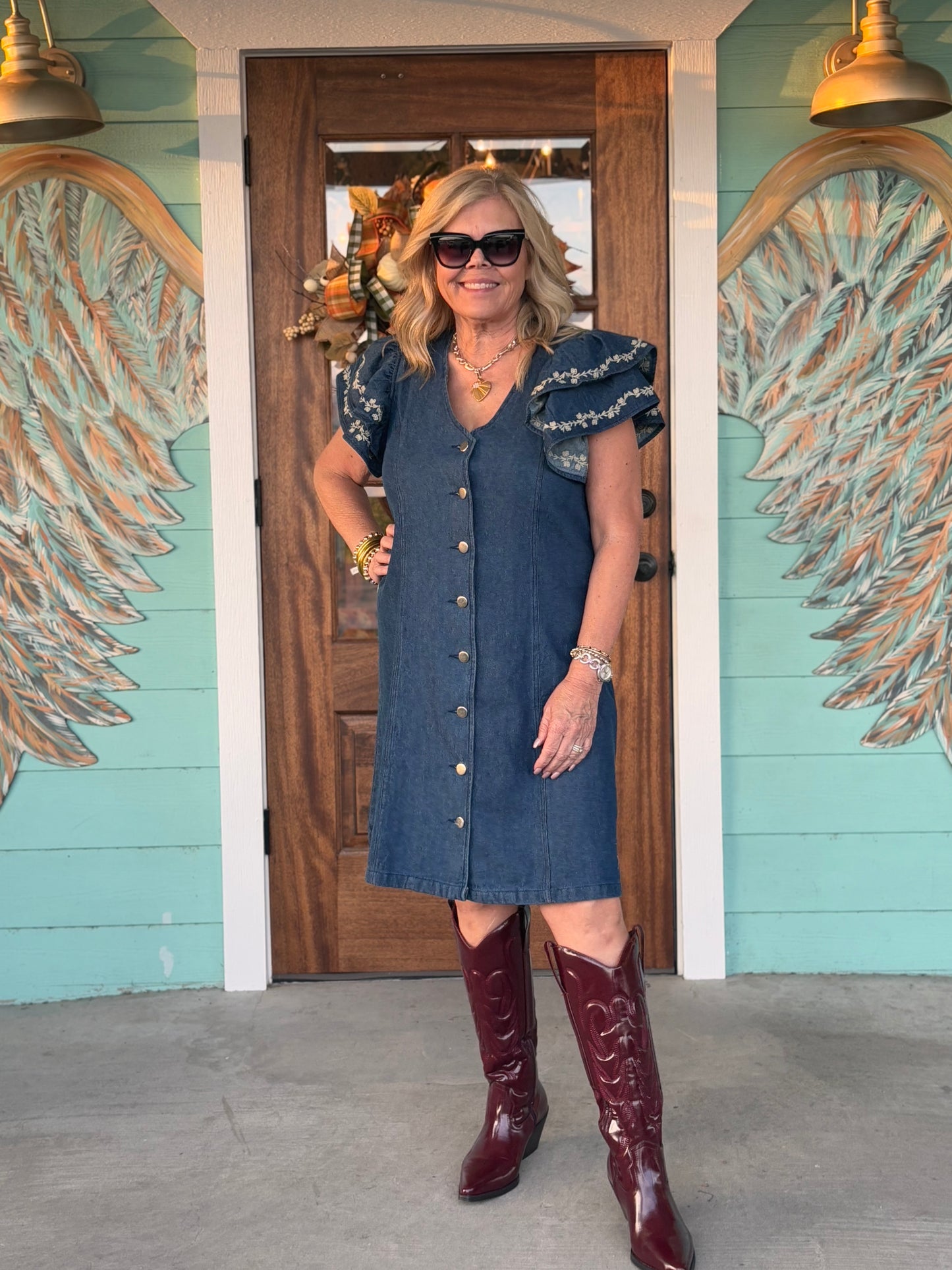 Layerz Caylee Denim Embroidered Dress