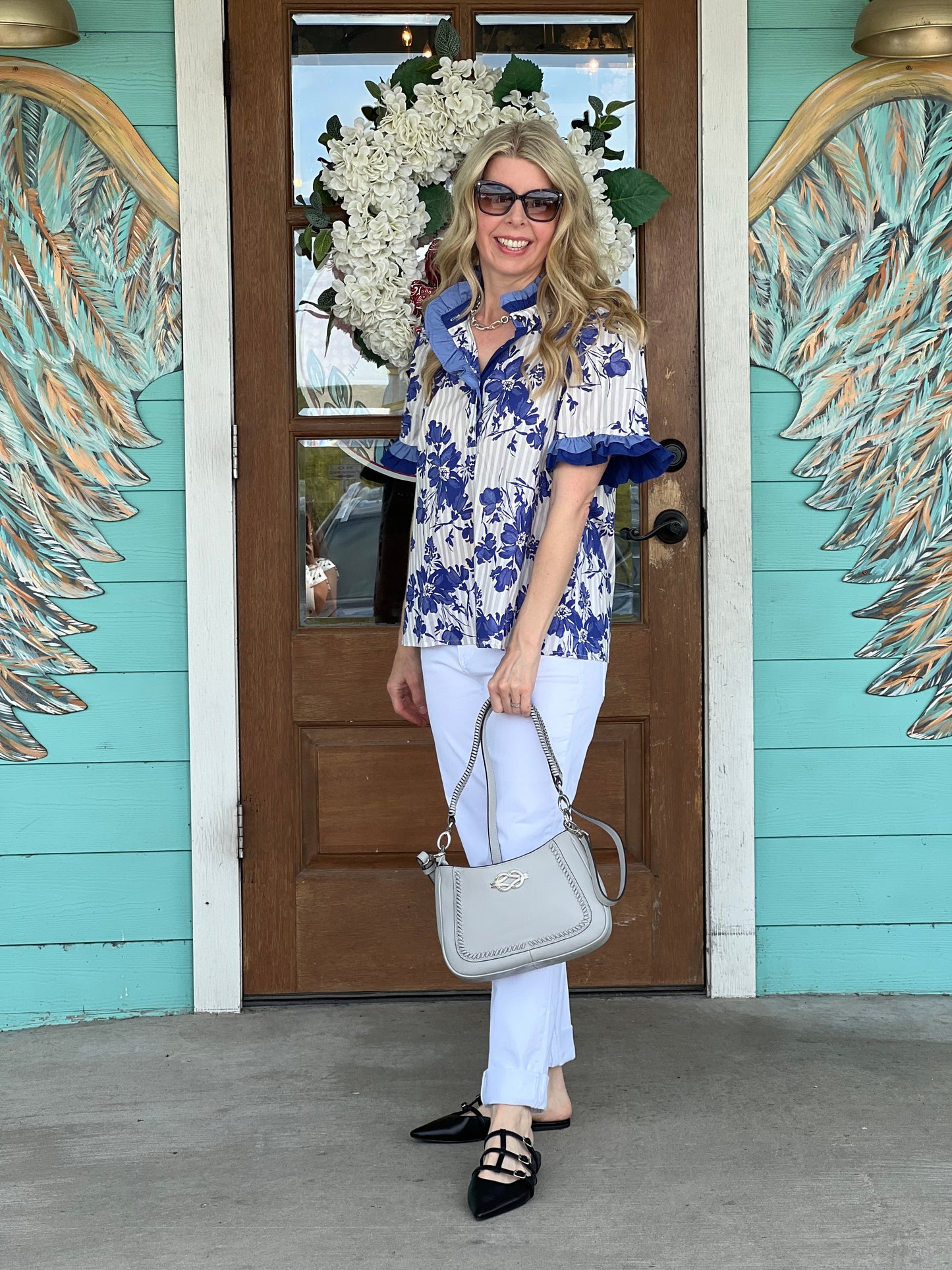 Navy Floral Stripe Pattern Top