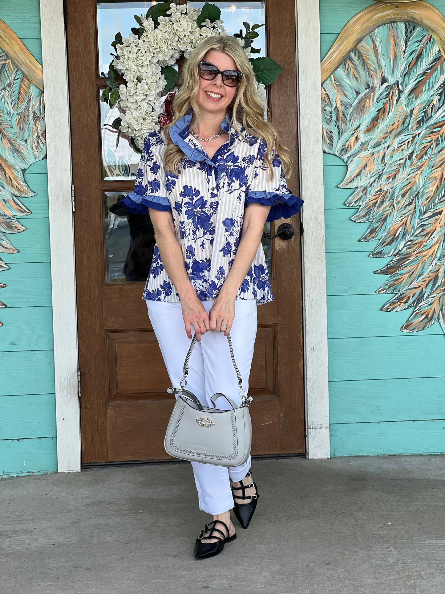 Navy Floral Stripe Pattern Top
