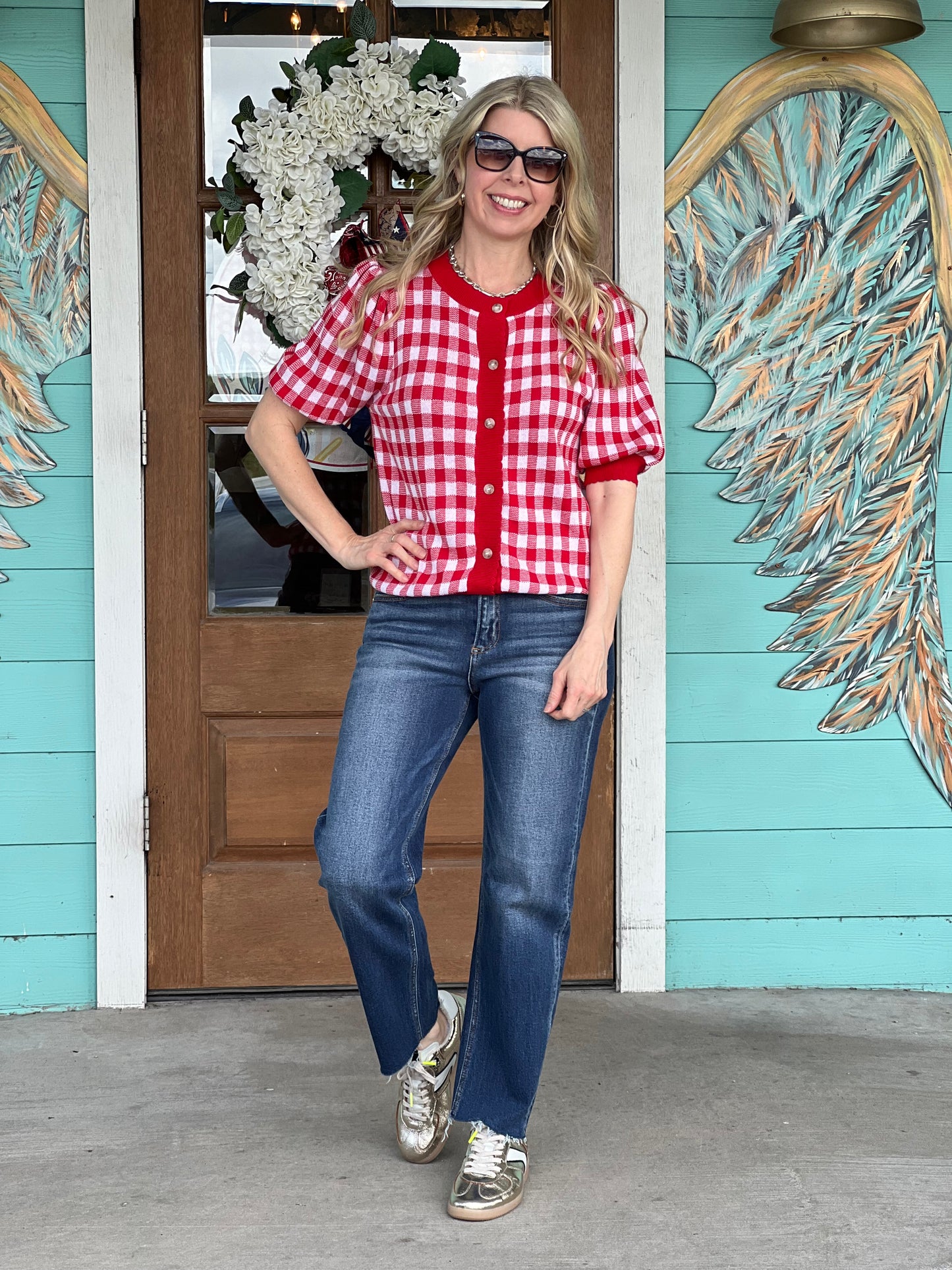Red Gingham Scallop Cardigan