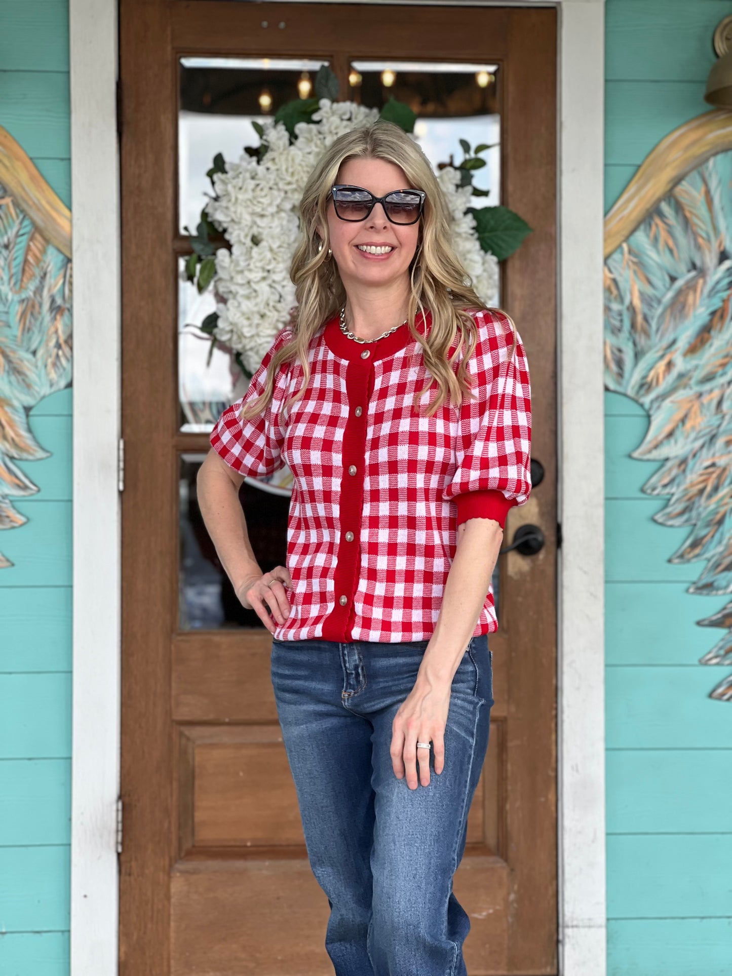 Red Gingham Scallop Cardigan