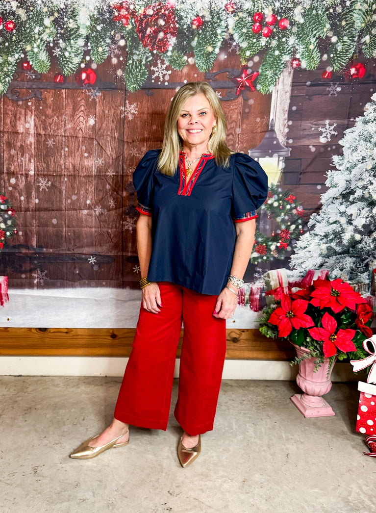 Navy Tartan Plaid Detail Top