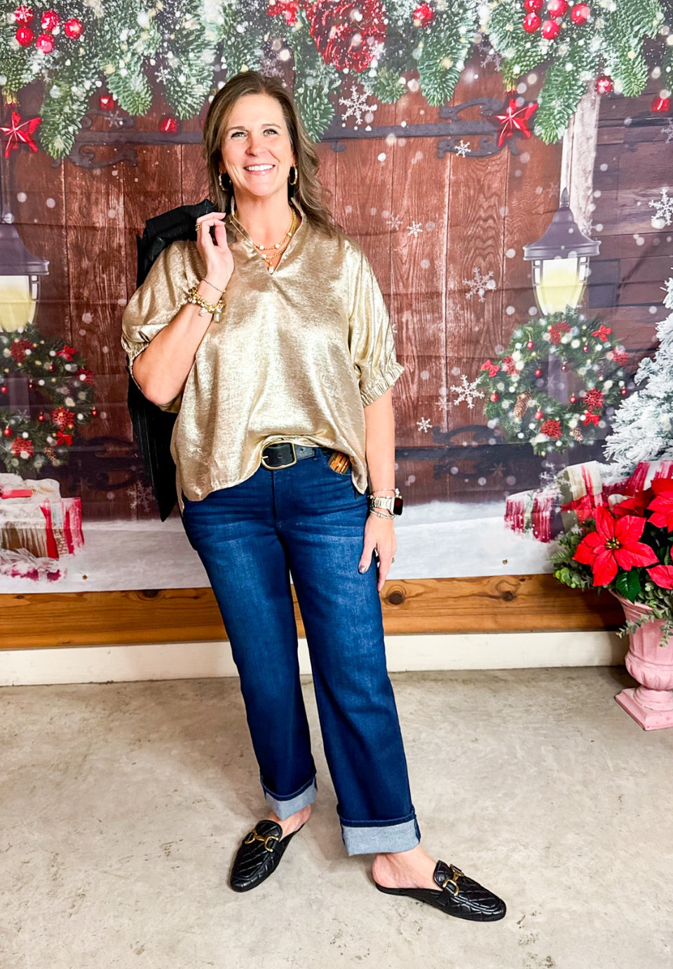 Gold Metallic Dolman V-Neck Top