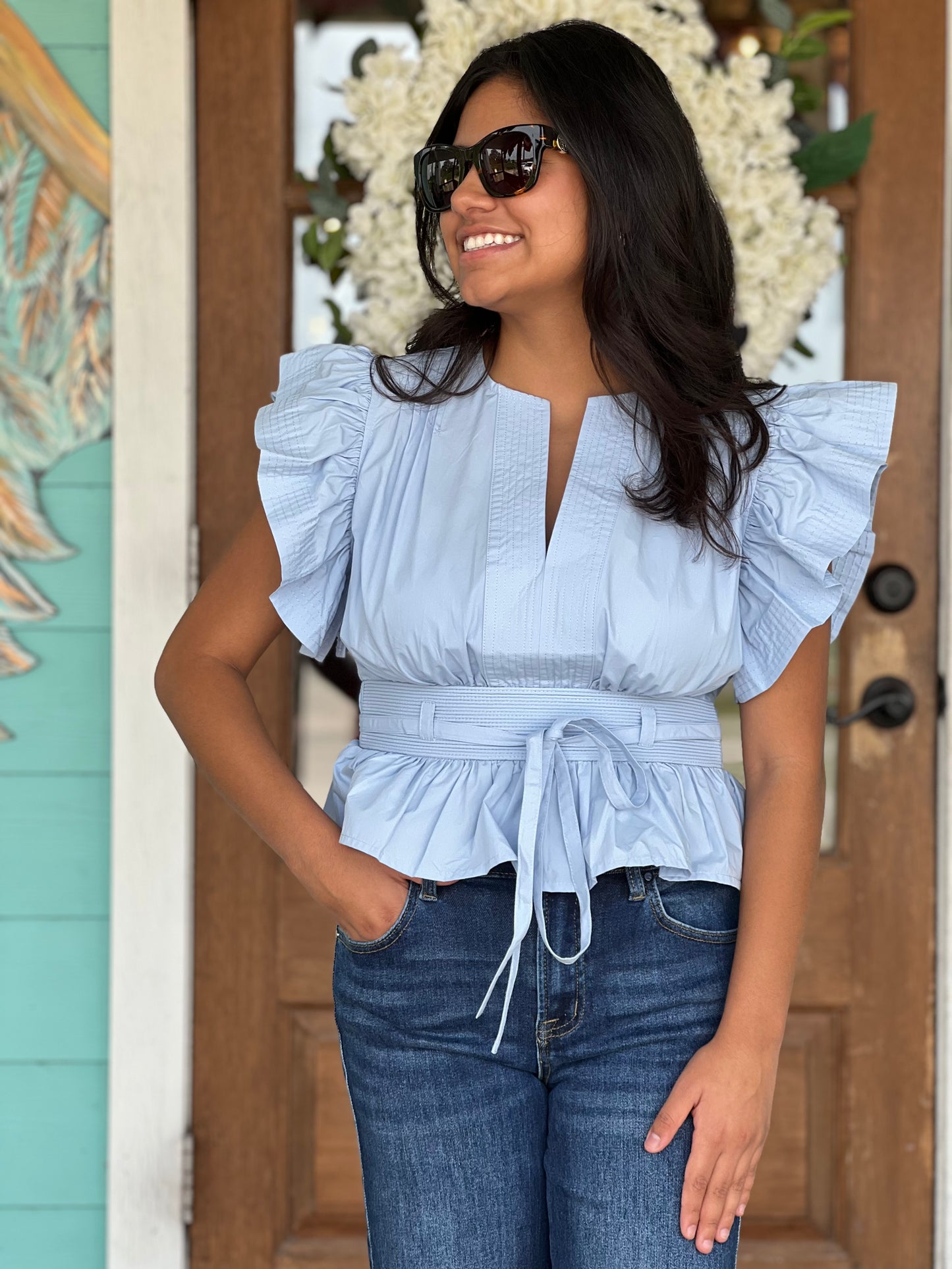Chambray Blue Flutter Sleeve Peplum Top