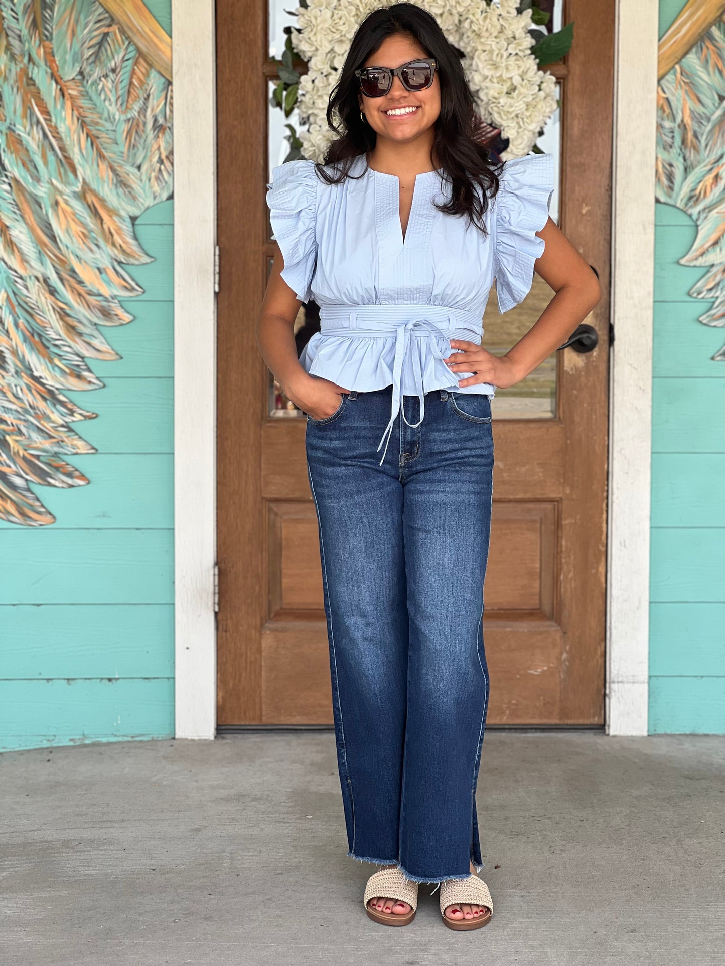 Chambray Blue Flutter Sleeve Peplum Top