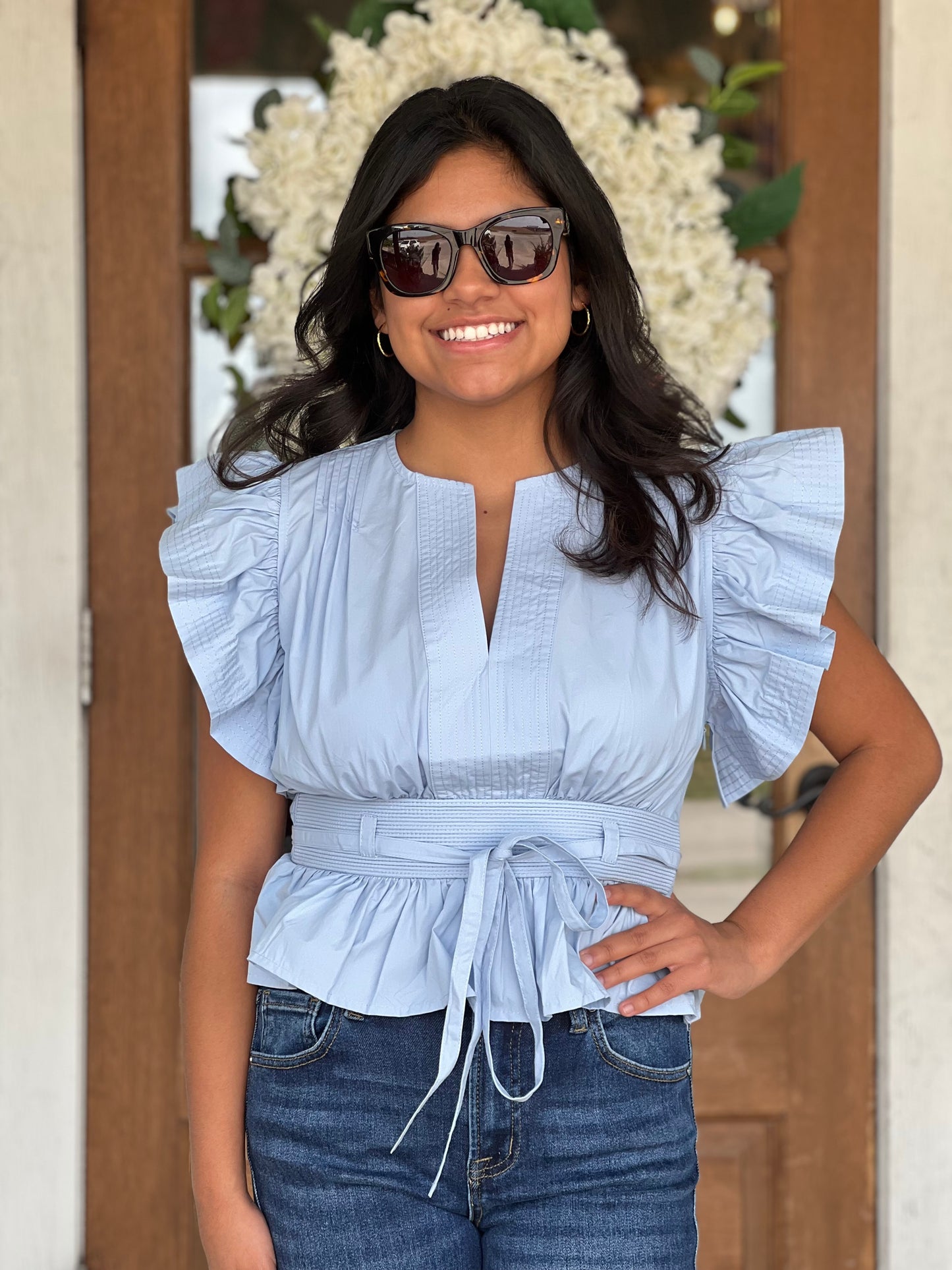 Chambray Blue Flutter Sleeve Peplum Top