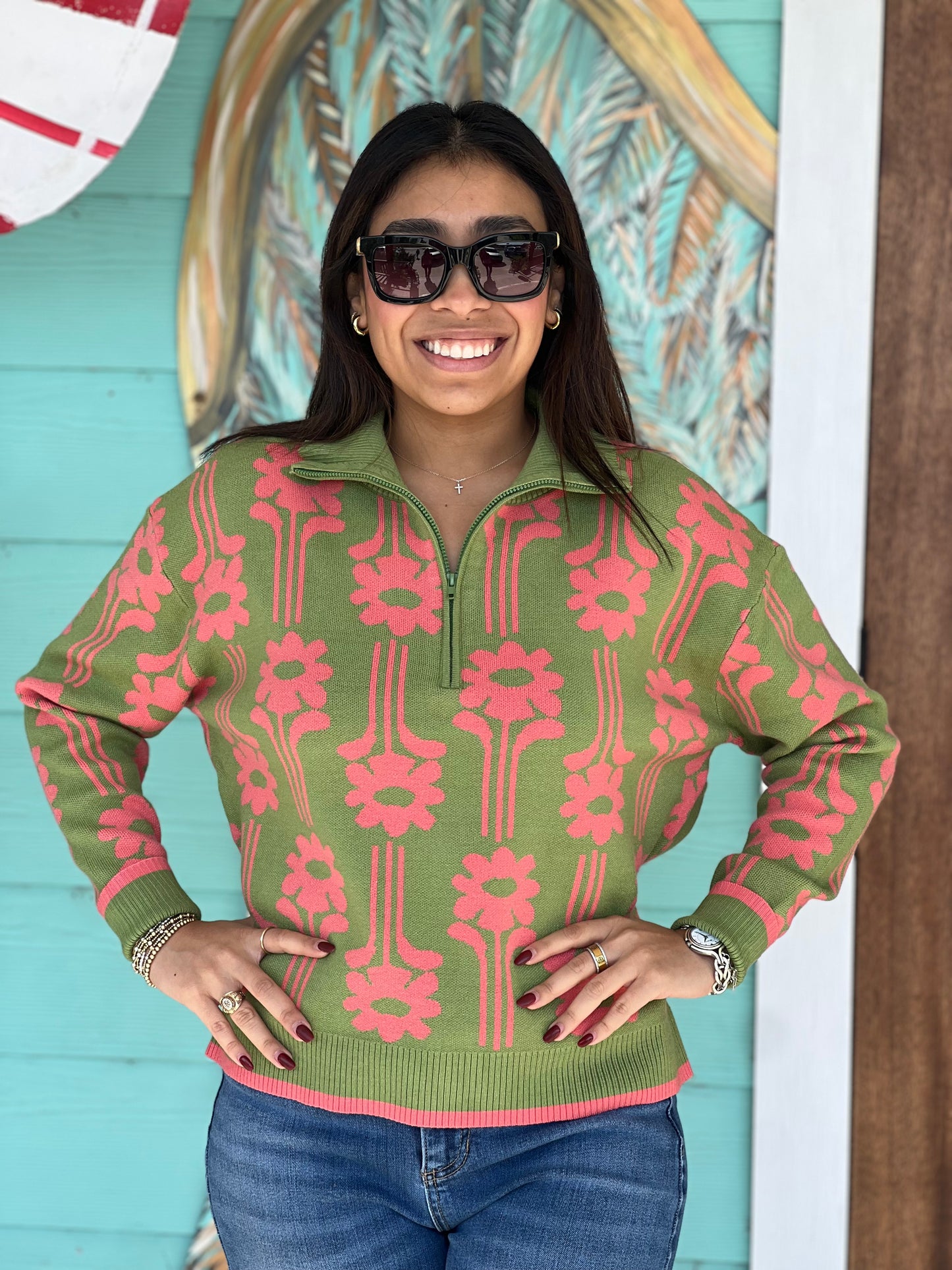 Green Coral Modern Daisy Sweater