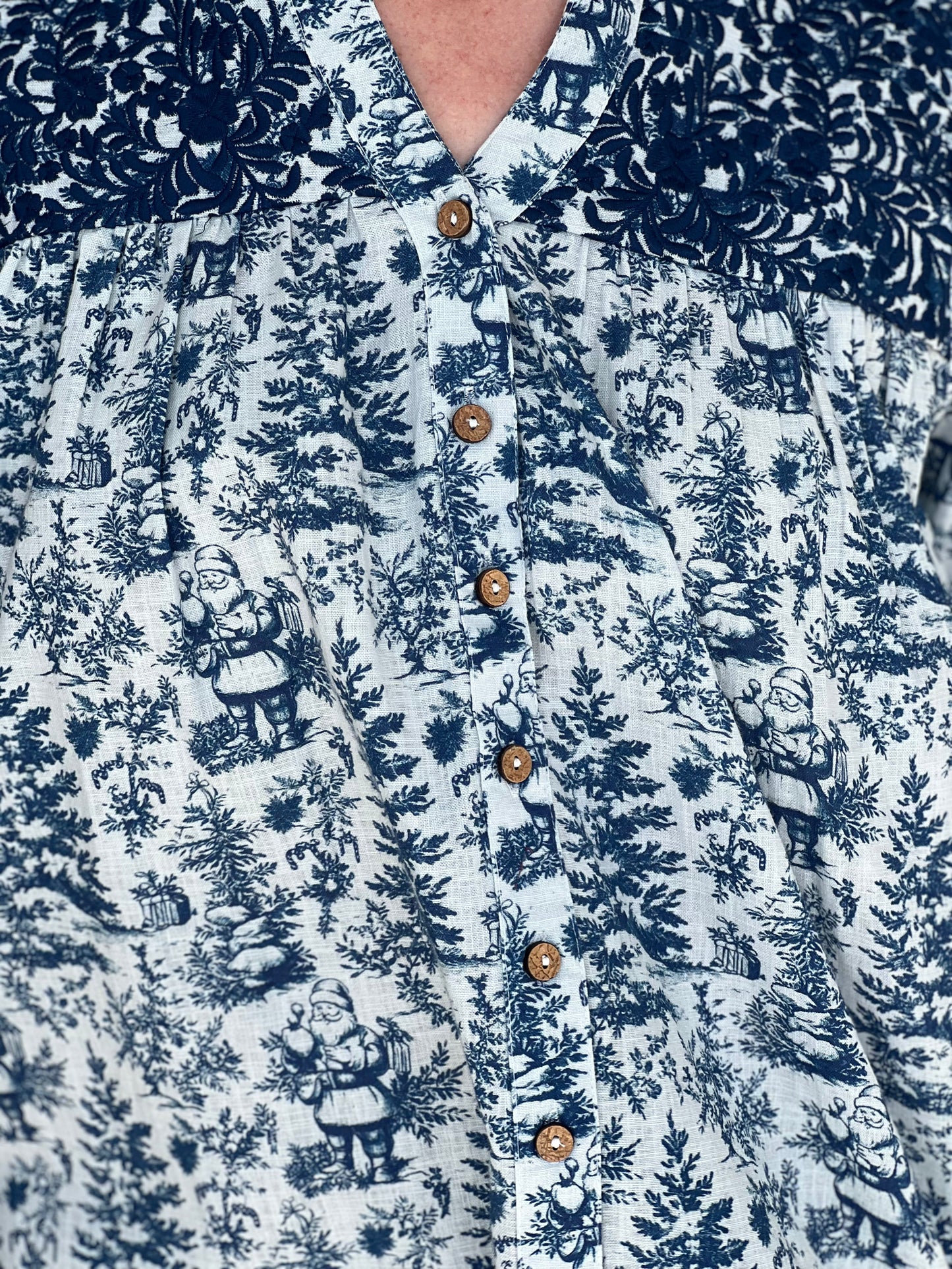 Layerz Jane Blue Toile Santa Embroidered Top