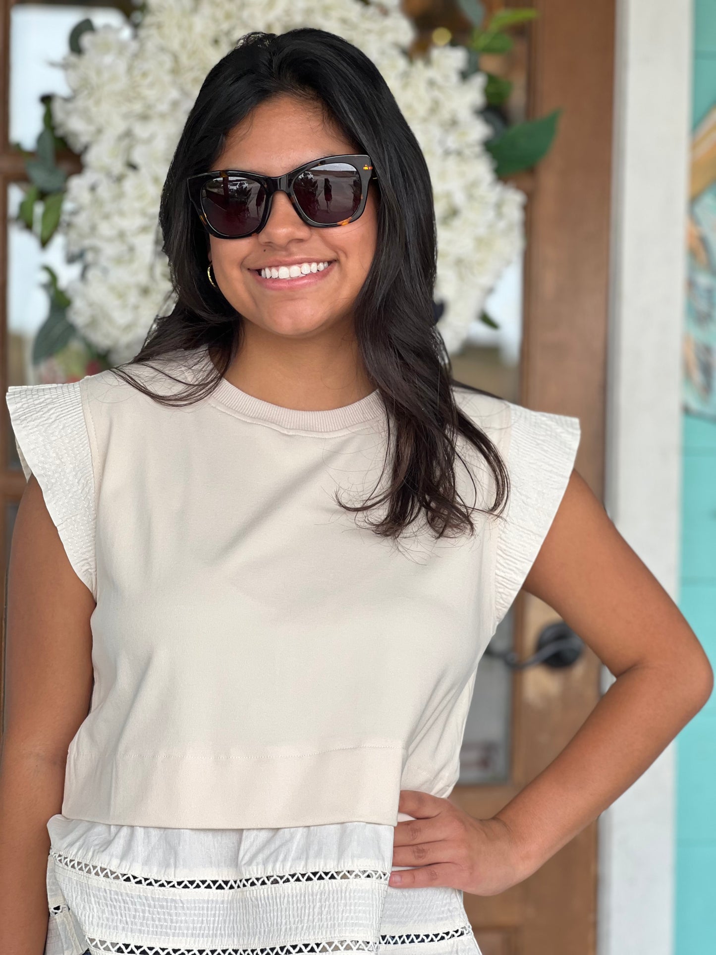Cream Top Stitch Knit Blouse