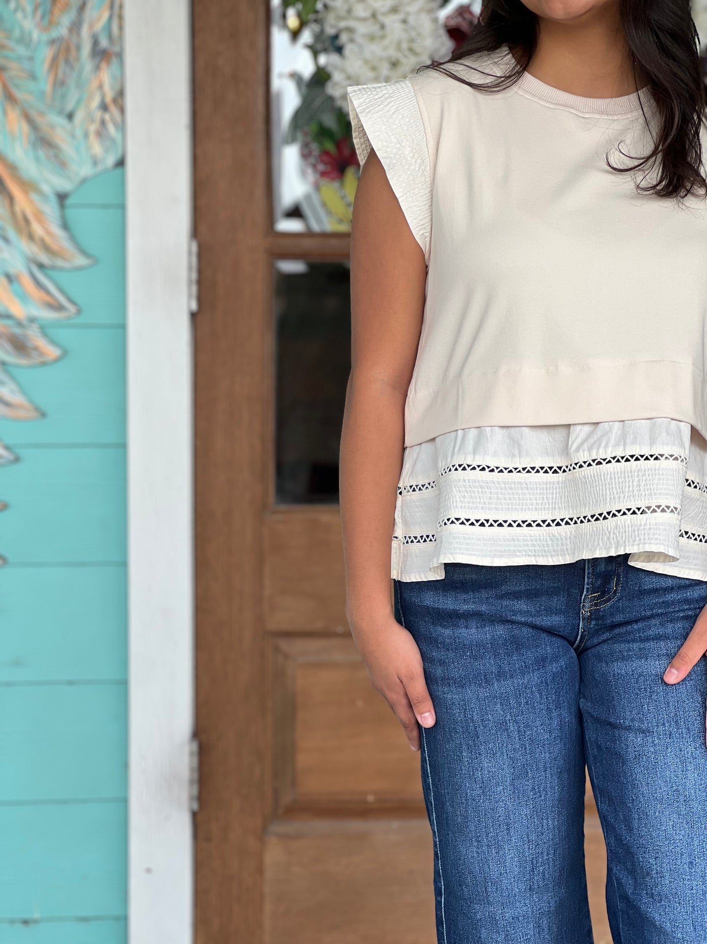 Cream Top Stitch Knit Blouse