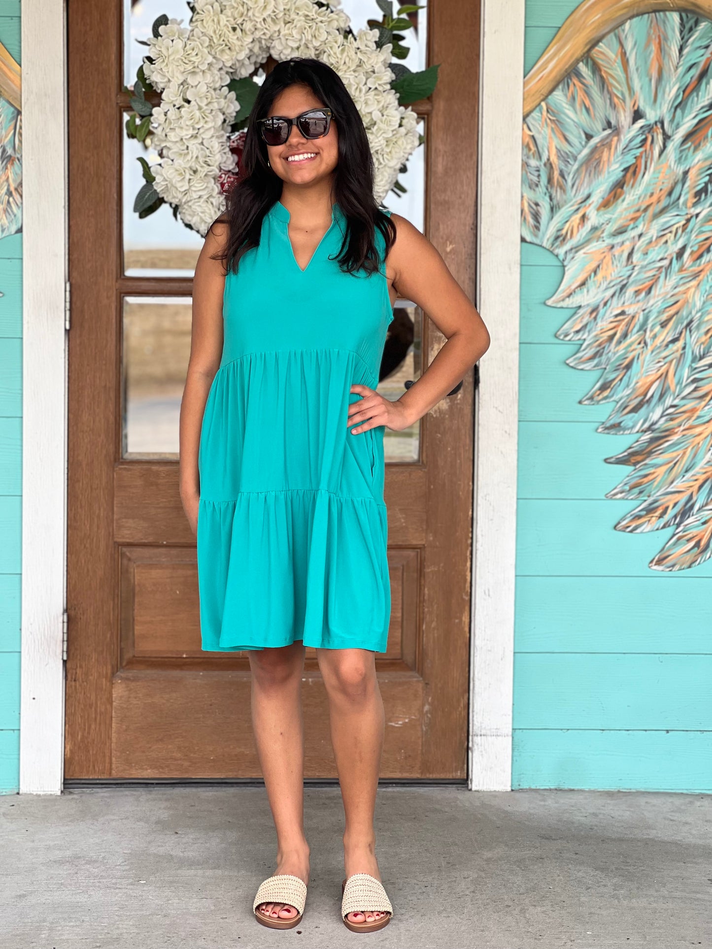 Liz Emerald V-Neck Tiered Dress