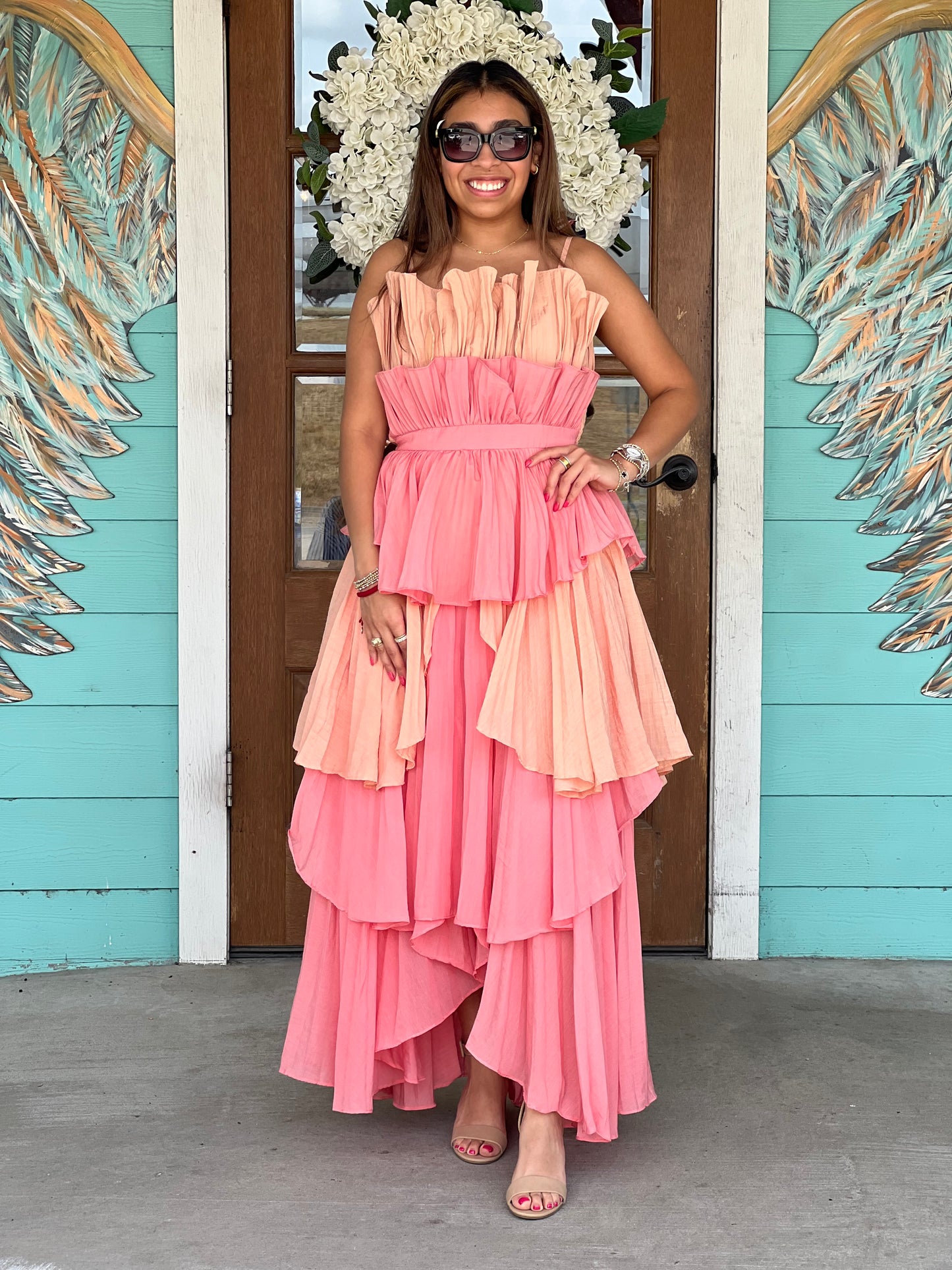 Coral Multi Layered Ruffle Dress