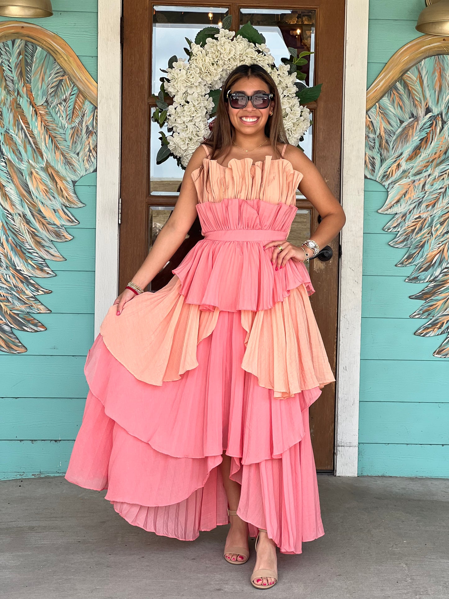 Coral Multi Layered Ruffle Dress