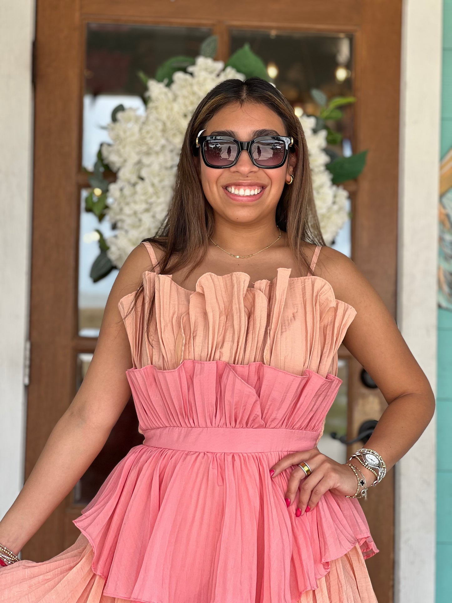 Coral Multi Layered Ruffle Dress