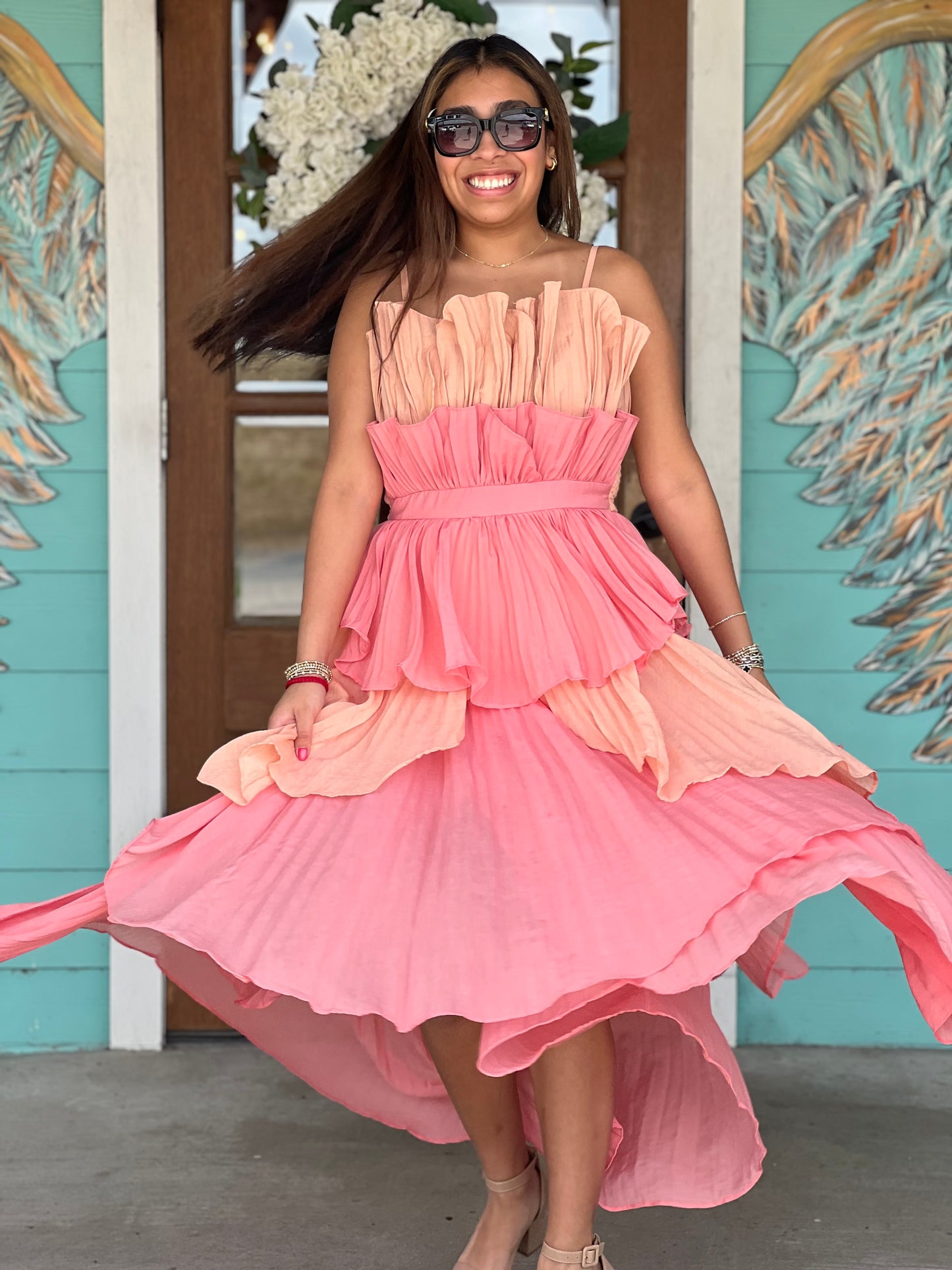 Coral Multi Layered Ruffle Dress