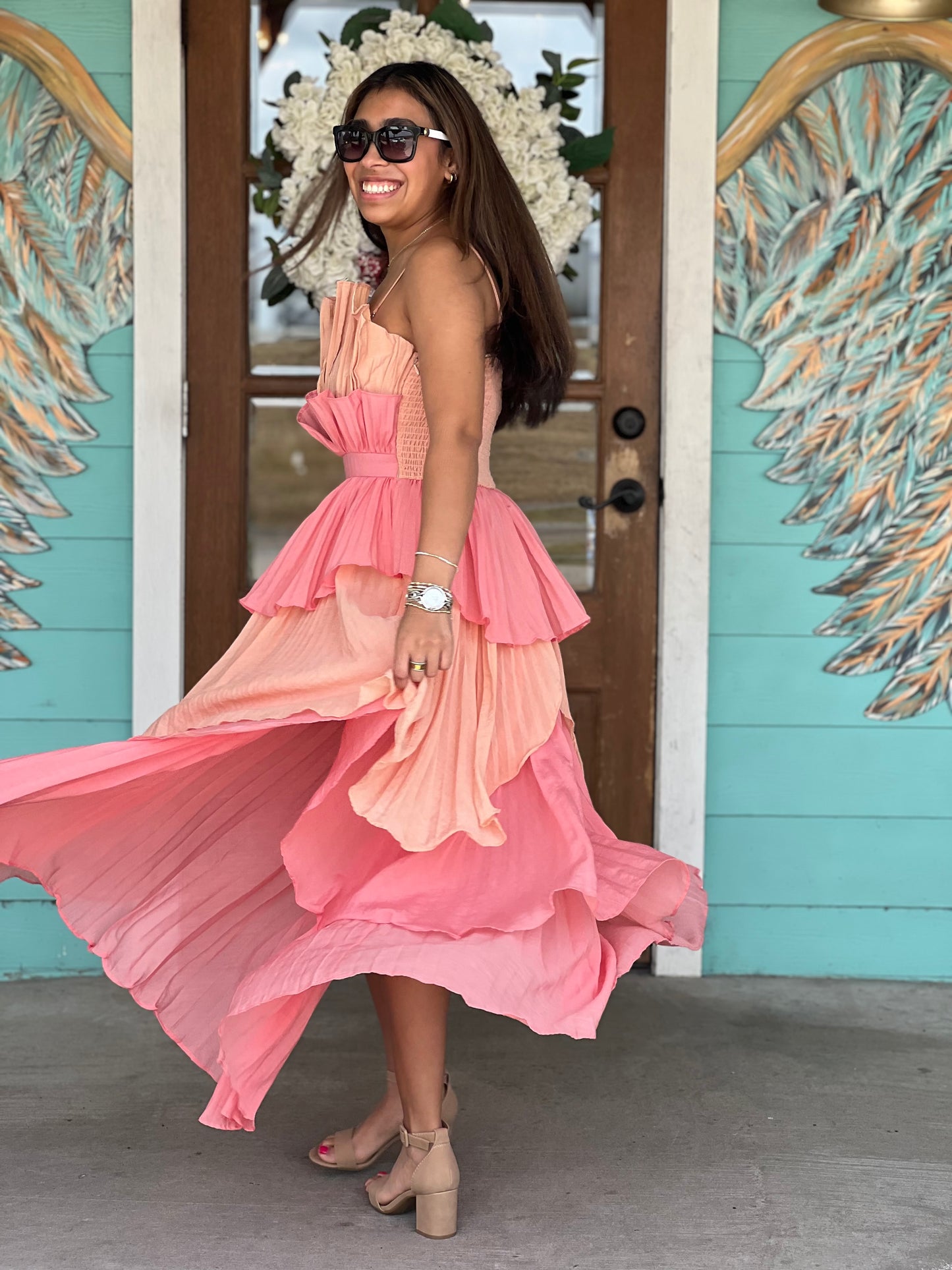 Coral Multi Layered Ruffle Dress
