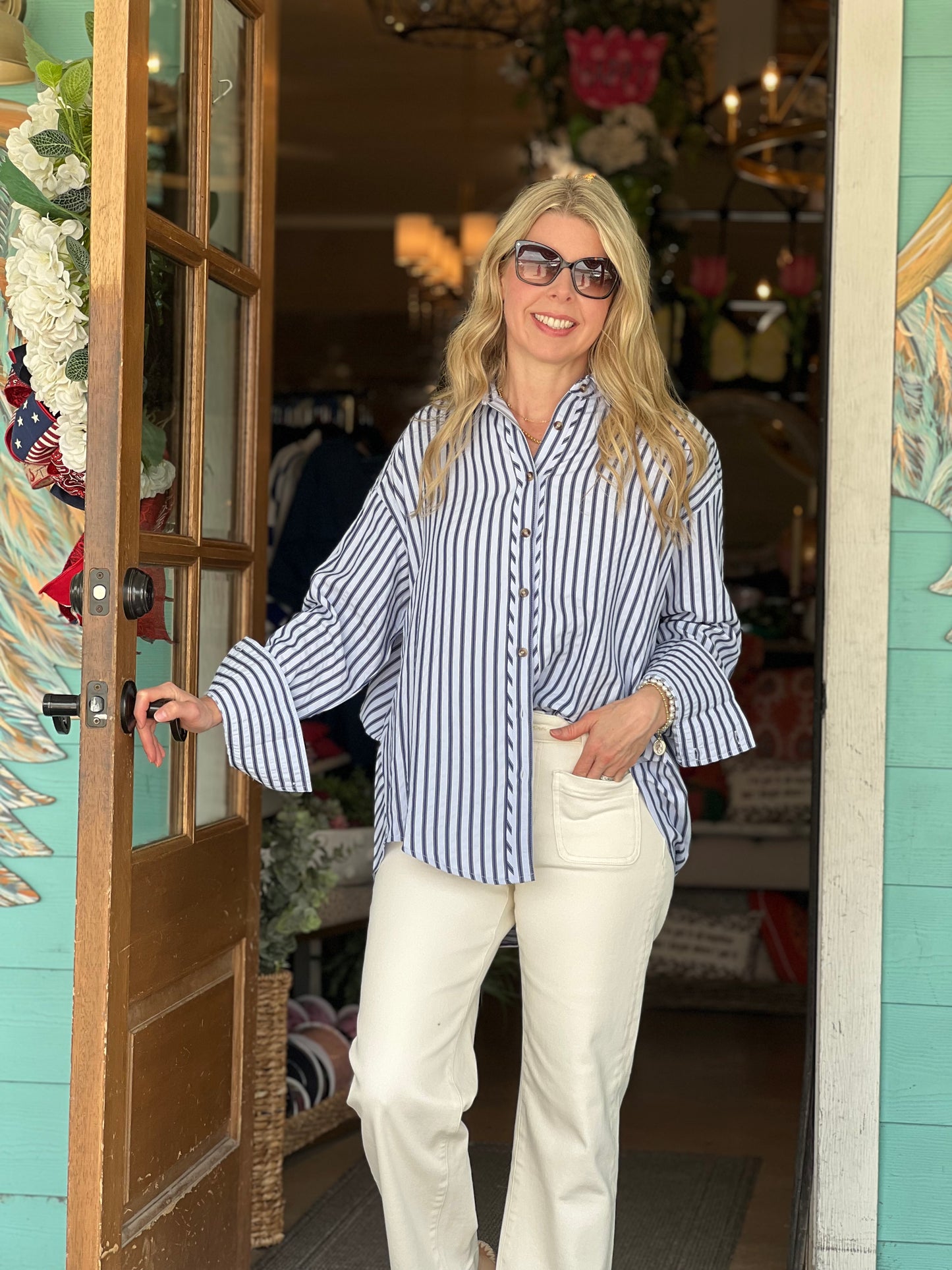 Chambray Navy Striped Long Sleeve Top