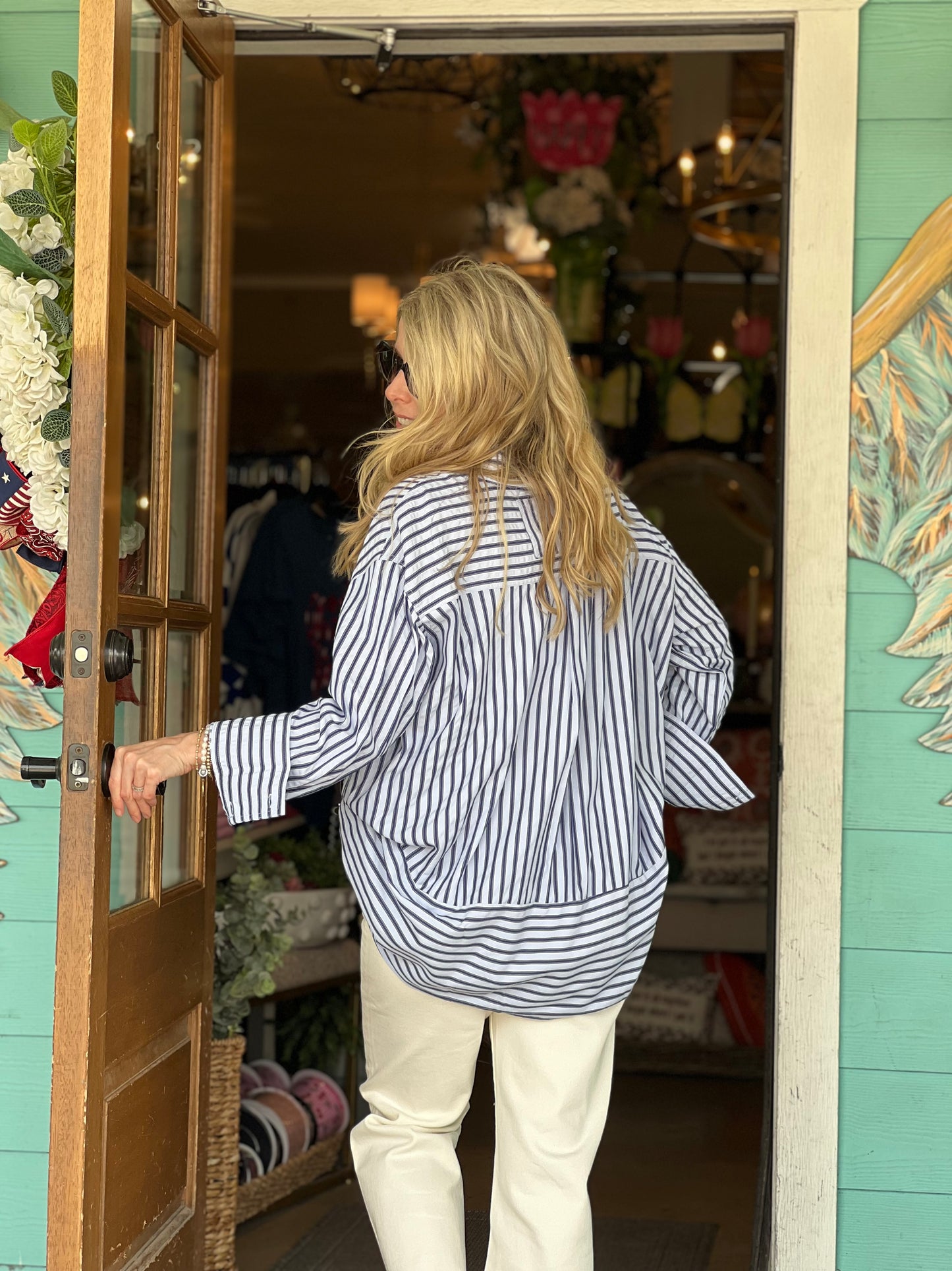 Chambray Navy Striped Long Sleeve Top