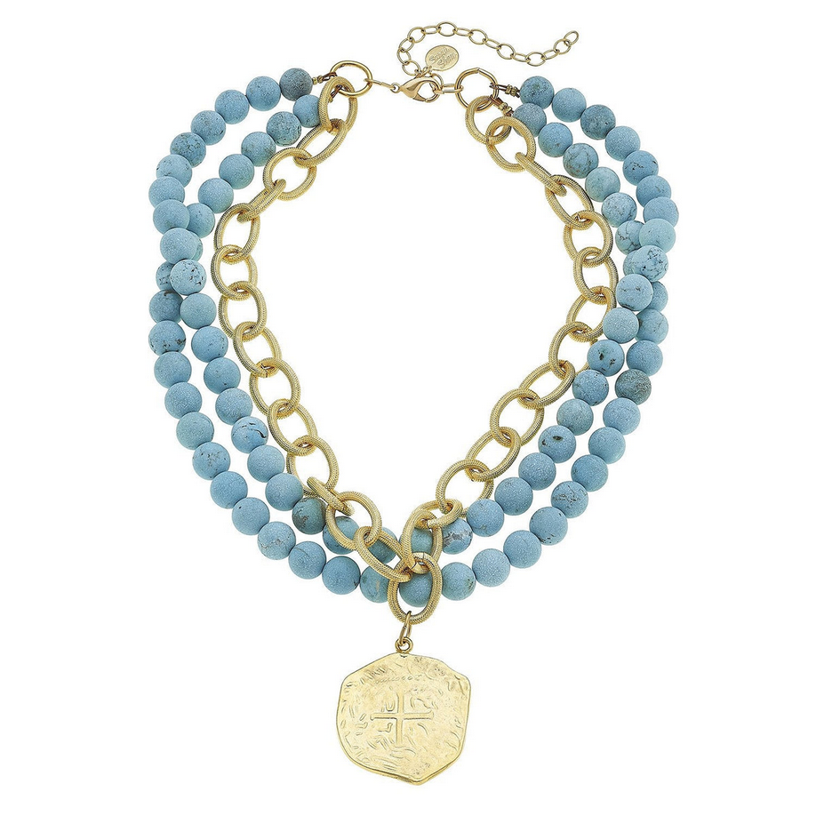 Susan Shaw Gold Coin Genuine Matte Turquoise Necklace