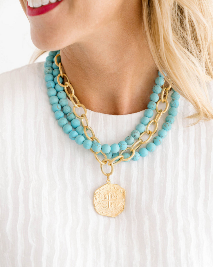 Susan Shaw Gold Coin Genuine Matte Turquoise Necklace