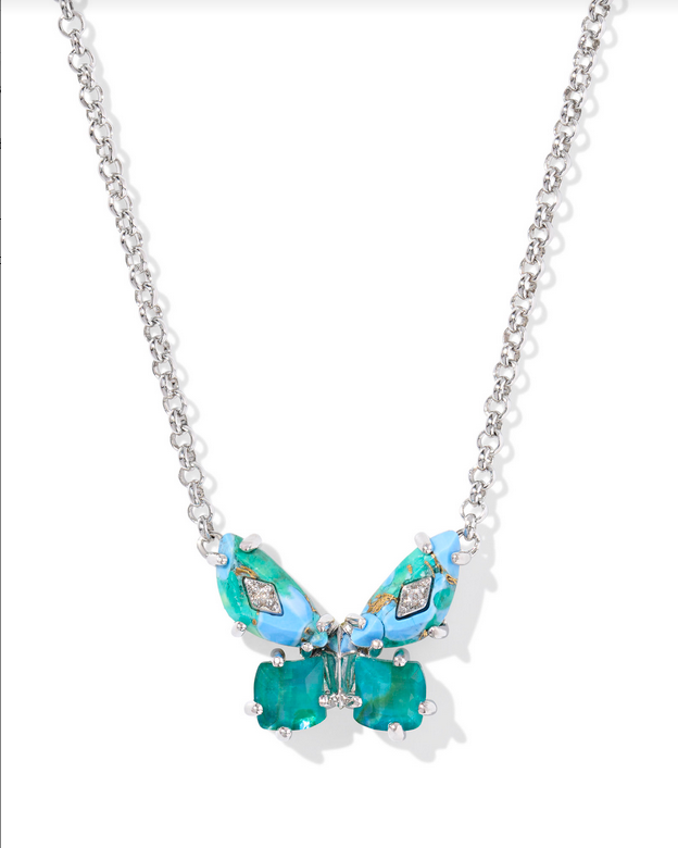 Kendra Scott Bianca Butterfly Silver Bright Auqa Mix Short Pendant Necklace