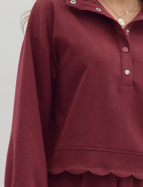 Burgundy Scallop Detail Long Sleeve Top