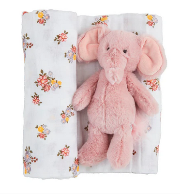 Elephant Floral Swaddle & Rattle Set