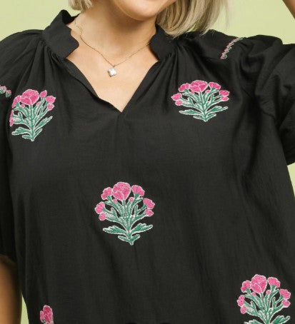 Black & Pink Floral Embroidered Top