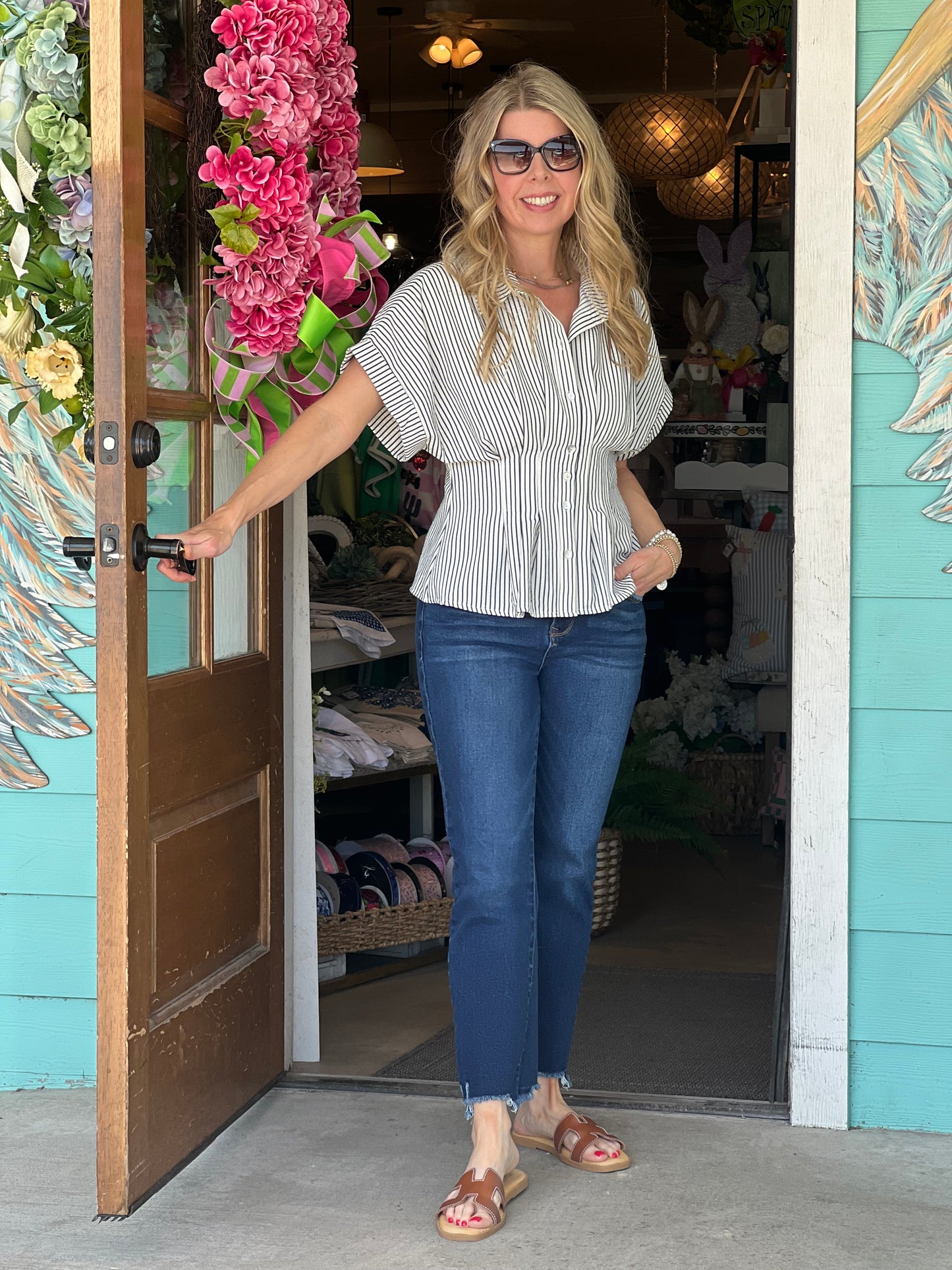 Cream / Navy Stripe Pleated Blouse