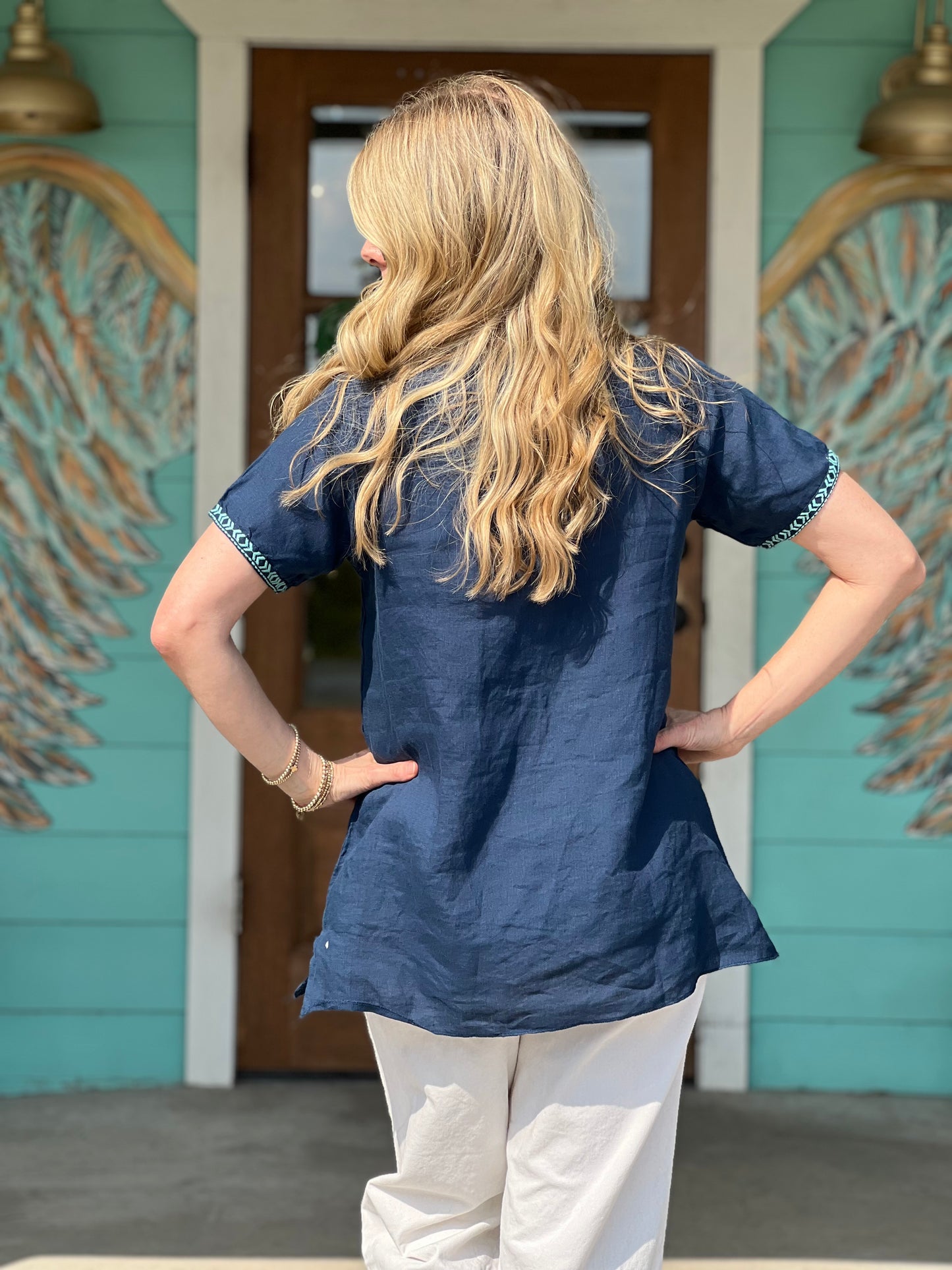 Navy Embroidered Linen Heather Top