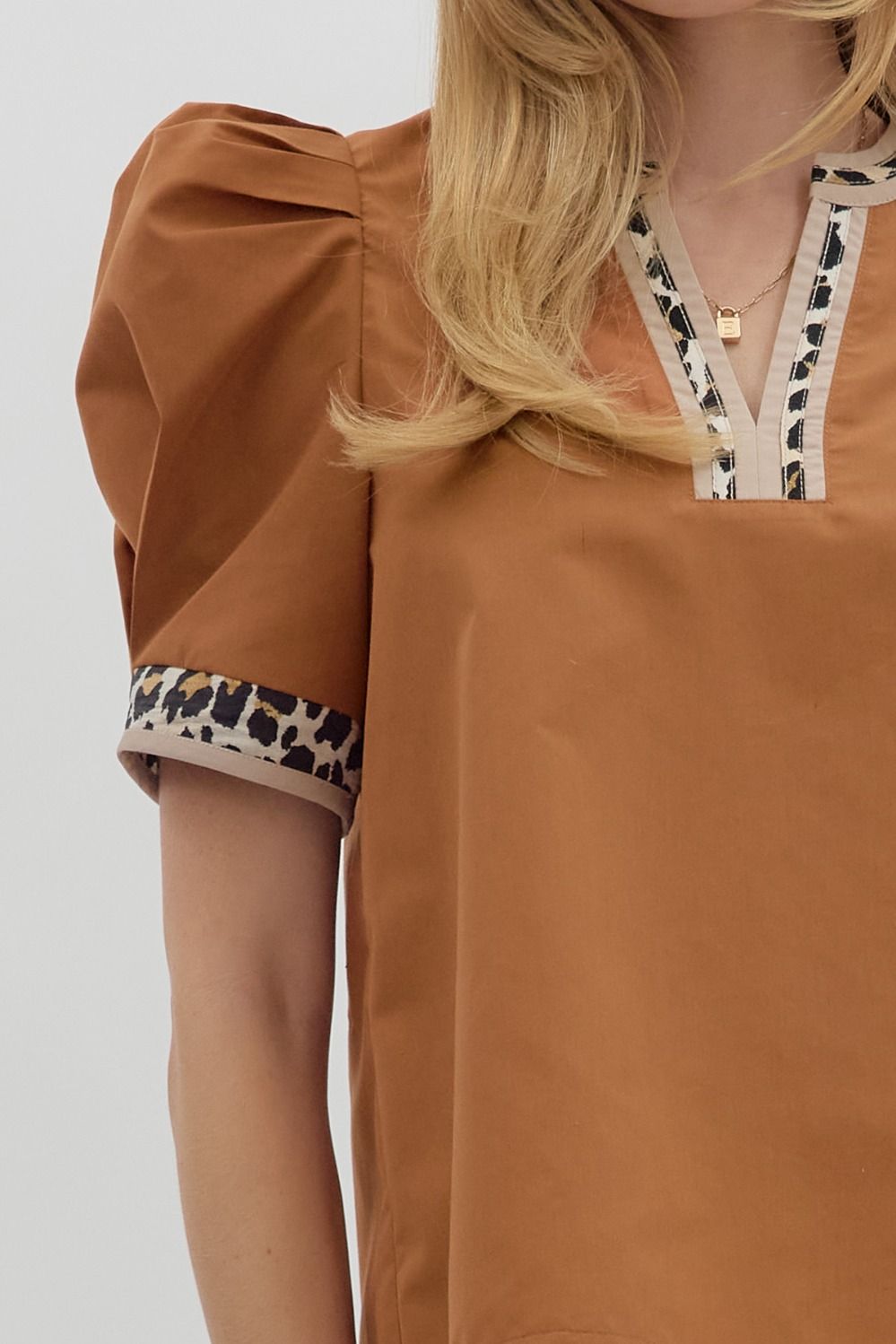 Caramel Leopard Trim Puff Sleeve Top